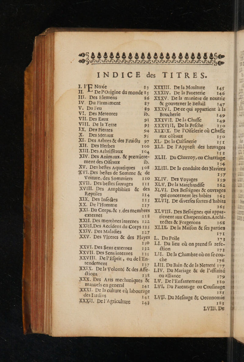                                            1. l'E Nerée 82 IL. ^— Del’Origine du monde 85 III. Des Elemens $6 IV. Du Firmament 87 V. Du Feu 89 VI. Des Meteores ib. VII. Des Eaux 9I VIII. De la Terre 93 IX, Des Pierres 94 X. Des Metaux 95 XI. Des Arbres &amp; des Fruits 97 XII. Des Herbes 100 XIII. Des Arbriffeaux 104 XIV. Des Animaux, &amp; premiere- ment des Oifeaux ib. XV. Desbefles Aquatiques 108 XVI. Des beftes de Somme &amp; de Voiture, des Sommiers 110 XVII. Desbeftesfauvages 111 XVIII. Des Amphibies &amp; des Reptiles II4 XIX, Des Infe&amp;es IIj XX. De l'Homme II7 XXI. Du Corps, &amp; r.des membres externes rig AXIL Des membresinternes 122 XXIII.Des Accidens du Corps 125 XXIV. Des Maladies 127 XXV. Des Viceres &amp; des Playes 130 XXVI. Des Sens externes 132 XXVII. Des Sensinternes 135 XXVIII. DelEfprit, ou del'En- tendement 137 XXIX. Dela volonté &amp; des Affe- étious 132 XXX. Des Arts mechaniques &amp; manuels en general 141 AXXI. De la culture où labourage des Tardins I4I XXXIT, De l'Agriculture 143 EIKES. XXXIII. De la Moulture 145 XXXIV. De la Paneterie 146 XXXV. De la maniere de nourrir &amp; gouverner le Beftail 147 XXXVI, De ce qui appartient à la Boucherie 149 XXXVII, De la Chaffe 149 XXXVII, De la Pefche Iso XXXIX, De l'Oifelerie où Chaffe aux oifeaux Iso XL: De la Cuifinerie Isr XLI. De l'Appreft des bruvages I$3 XLH. Du Charroy, ou Charriage 154 XLIII. De la conduite des Navires 157 XLIV. Des Voyages _ 159 XLV, De la Marchandife 162 XLVI. Des Befoignes &amp; ouvrages qui concernent les habits 1 63 XLVI[. De diverfes fortes d'habits I65 XLVIII. Des Befoignes qui appar- tienent aux Charpentiers, Archi- tetes &amp; Forgerons 168 XLIX. De la Maifon &amp; fes parties 171 L, DuPoile 173 LI. Du lieu où on prend fa refe- &amp;ion 173 LIJ. De la Chambre où on fe cou- che 176 LIII. Du Bain &amp; de la Netteté 177 LIV. Du Mariage &amp; de l'affinité ou alliance 179 LV. Del'Enfantement 180 LVI, Du Parentage ou Coufinage ISI LVE. Du Mefnage &amp; Oeconomie 183 LVIII, De