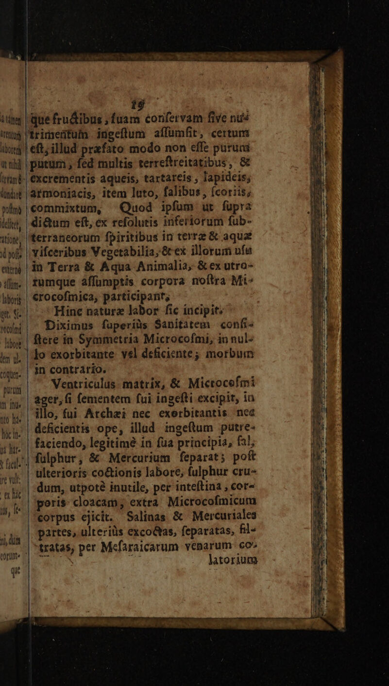 ten At&amp;ttugi bore ut tihi inte poli) die itio X poft enter fme lhbori gd. Ma tetoltni dn ql coquat puruti t Ins tio his lioc fe yt lur |t vult a lk y, fe 7i, dii 19 que fru&amp;ibus ; fuam confervam five nu^ Trimentum ingeflum affümfit, certum eft; illud prefato modo non effe puruai putum, fed multis terreftreitatibus, &amp; excrementis aqueis, tartareis , lapideis; armoniacis, item luto, falibus, coriis; commixtum, Quod ipfum ut fupra di&amp;um eft, ex refolutis inferiorum fub- terraneorum fpiritibus in terrz &amp; aqua vifceribus Vepetábilia,&amp;ex illorum uf&amp; in Terra &amp; Aqua Animalia, &amp; ex utro- rumque àffumptis corpora noítra Mi- erocofmica, participarit, Hinc nature labor fic incipit: Diximus fuperiüs $anitatem confi^ ftere in Symmetria Microcofmi, in nul- 1o exorbitante vsl deficiente; morbum in contrario. Ventriculus. matrix, &amp; Microcefmi ager,fi fementem fui ingefti excipit, in | illo, fui Atchei nec exorbitantis nec deficientis. ope, illad ingeftum putre- faciendo, legitime in fua principia, fal; fülphur, &amp; Mercurium feparat; poft ulterioris co&amp;ionis labore, fulphur cru- |: dum, utpote inutile, per inteftiaa , cor^ peris: cloacam; extra Microcofmicum corpus ejicit. Salinas &amp; Mercuriales partes, ulterilis exco&amp;as, feparatas, fil tratas, per Mefaraicarum venarum. eo^ USUS wu latorium