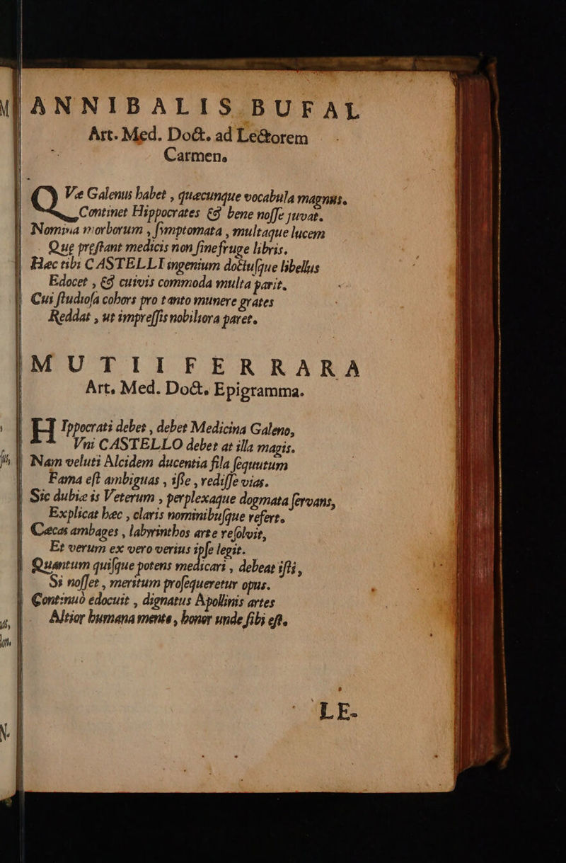 aMEWNTEATIS BUFAL | Art. Med. Do&amp;. ad Le&amp;orem Carmen, | Ve Galenus babet , quacunque vocabula magnus, | E Hippocrates &amp; bene no[Je juvat. l| Nomina morborum , [(vnptomata , multaque lucem | — Que preftant medicis non finefruge libris. | Hectib: C ASTELLI ingenium dotlu[ue libeluis | Edocet , £d cuivis commoda multa perit. | Cui fludi[a cobors pro tanto munere grates Reddat , ut impreffis nobiliora paret.   IMUTIIFERRARA | Art, Med. Do&amp;. Epigramma. ug H Tppocrati debet , debet Medicina Galeno, | Vni CASTELLO debet at illa magis. jt V Nam veluti Alcidem ducentia fila fequutum | Farna eft ambiguas , ifie , vediffe vias. | Sic dubie is Veterum , perplexaque dogmata fervans, | — Explicat bec , claris nominibu[que refers. || Ceecas ambages , labyrintbos arte re[oluit, | Et verum ex vero verius pre legit. | Quantum quifque potens medicari , debeat iflj, δὲ noffet , meritum gro[equeretur opus. Cont:nuó edocuit , dignatus Apollinis avtes |.— Altior bumana mente , bonor unde fibi eft.                 