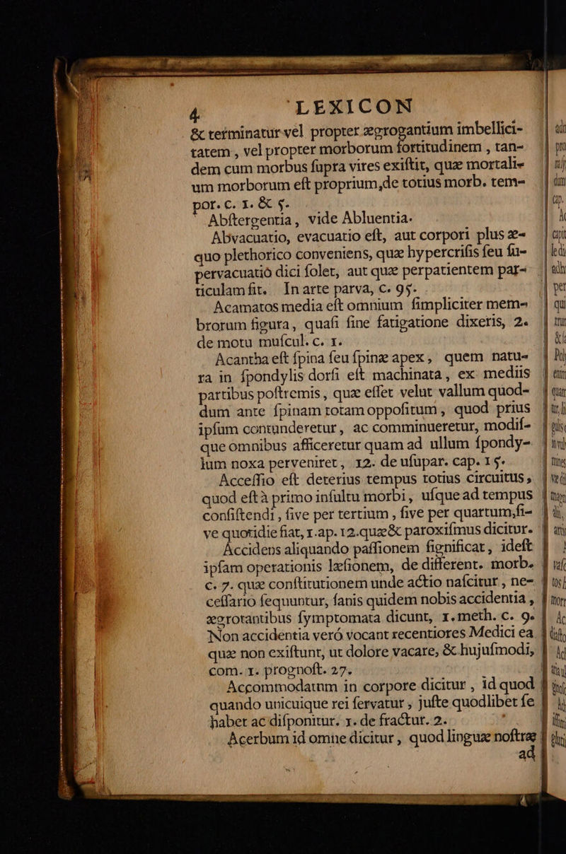  P —————&amp;^^à——————————————— Ó—Ó - -- ws? Uo m rome e &amp; tefminatur vel propter zgrogantium imbellici- tatem , vel propter morborum fortitudinem , tan- dem cum morbus fupra vires exiftit, quae mortali» um morborum eft proprium,de totius morb. tem- por. c. x. &amp; 5. ' Abftergentia, vide Abluentia. Abvacuatio, evacuatio eft, aut corpori plus ze- quo plethorico conventens, quz hypercrifis feu fu- pervacuatió dici folet, aut quze perpatientem par- ticulamfit. / In arte parva, c. 95. Acamatas media eft omnium fimpliciter mem- brorum figura, quafi fine fatigatione dixeris, 2« de motu mufcul. c. 1. Acantba eft fpina feu fpinze apex, quem natu- ra in fpondylis dorfi eft machinata, ex mediis partibus poftremis , quz effet velut vallum quod- dum ante fpinam rotam oppofitum , quod prius ipfum contanderetur, ac comminueretur, modif- que omnibus afficeretur quam ad. ullum fpondy- jum noxa perveniret, 12. de ufupar. cap. 15: Acceffio eft deterius tempus totius circuitus quod eftà primo infultu morbi, ufque ad tempus confiftendi , five per tertium , five per quartum;fi- ve quotidie fiat, r.ap. 12.quze&amp; paroxifmus dicitor. quae non exiftunt, ut dolore vacare, &amp; hujufmodi, com. 1. prognoft. 27. Accommodatnm in corpore dicitur , id quod quando uuicuique rei fervatur , jufte quodlibet fe haber ac difponitur. x. de fractur. 2. Acerbum id omne dicitur, quod linguz we a *                                   | adi pm Ϊ uj | m |a   ld | Em ] NS ] ln ἡ ἡ