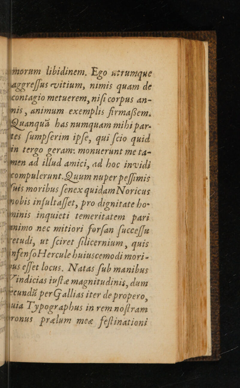 Bfzormm libidinem. Ego nzrHDIque Bagere/Jus vitium, nimis quam de contagio metuerem, nifi corpus an- wis , animum exemplis firmafsem., | IQuanqua has numquam mibi par. Mes [umpferim ipfe, qui [cio quid [77 jergo geram: monuerunt me t4- Apuen ad illud amici, ad boc invidi feompulerunt.Quum nuper peffrmis W nis moribus fenex quidam Norícus Inobis infultaffet, pro dignitate bo- MOIPAIS guieii temerttatem par: aumimo nec mitiori for[an [nece[fu !Metudi, ut fciret filicernium , quis Wefenfo Flercule buiuscemodi mori - Mp, e e[Jet locus. INatas fub manibus qiIndicias inflo magnitudinis, dum Weeundz per Gallias Iter de propero, Mula I'ypograpbus in vem no[iram Wrongs praelum mee feft inationi