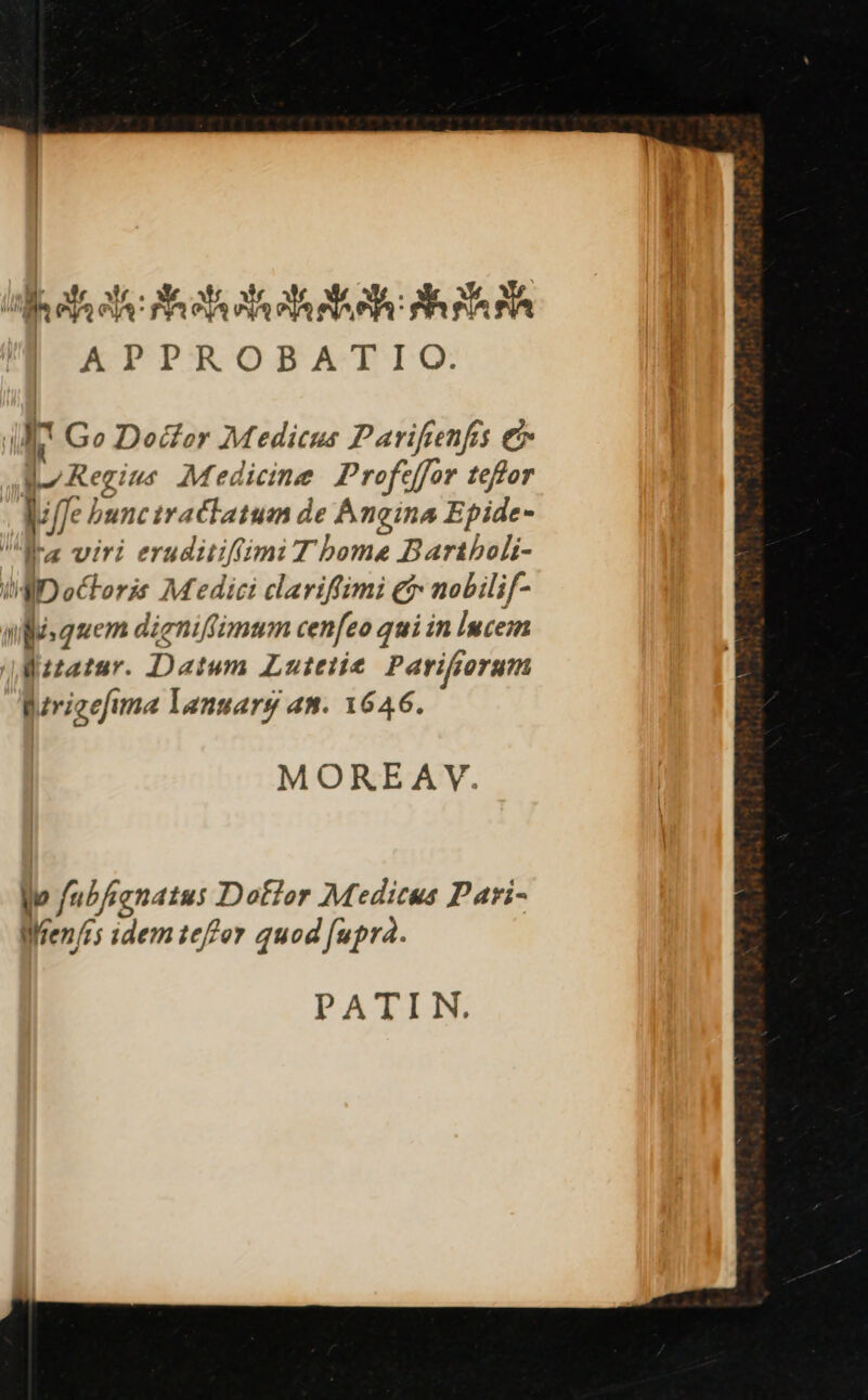 E LL ^: Shots ds ole eth ed: oh ets 9A APPROBAT IO. j L Go Doctor Medicus Parifrenfis € [L Regine Medicine. Profeffor tefor | zfJe bunc tractatum de &amp;noina Epide- Nez viri eruditiffimi T bome Bartboli- IMDoCtoris Medici clariftimi &amp;&amp; nobilif- uis quem dignifimum cenfeo qui in Iucem d zzatur. Datum Luitiie Parifforum (rige efima Yanuarg an. 1646. MOREAV. |o pies: Dotlor Meditus Pari- WMen/is idem 1effor quod fupra. PATIN.