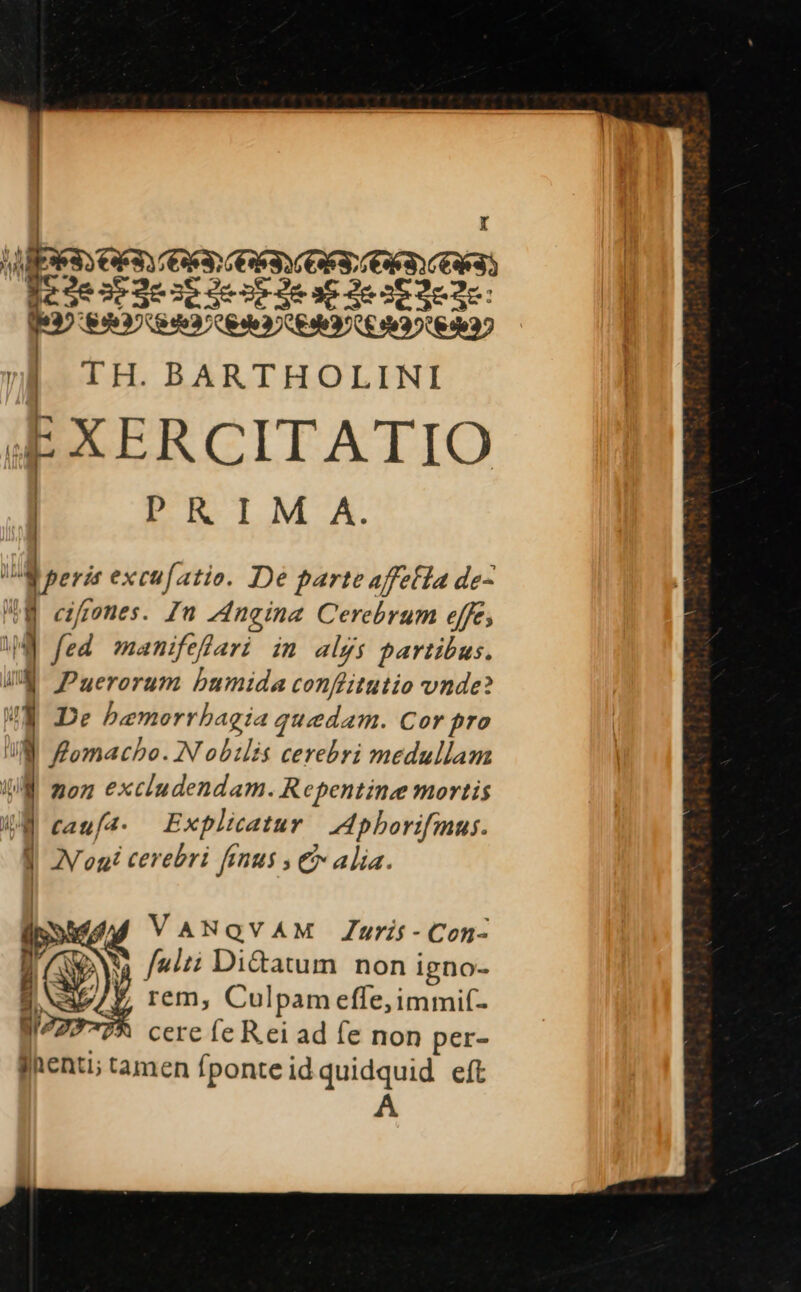 bsec neo menos [Edestqesp ie despdepuene aen» 84937 8453; C6de37 0643706 «632^ 8 3937 TH. BARTHOLINI EXERCITATIO PRIM A. ini 4 peris excufatio. De parte affefla de- 8 cifenes. Zu Zingina Cerebrum effe; uü fed manifeflari in alys partibus. JA Pgerorum bumida conffitutio vnde? WW De bemorrbagia quedam. Cor pro | Zomacbo.N obilis cerebri medullam non excludendam. Repentinee mortis 4g caufa Explicatur | Mpborifmus. | 2Voni cerebri fenus » & alia. ! f$ VANQVAM Zuris -Con- Av 4 [ulti Di&atum non igno- JL rem, Culpamefle,immif- [72777* cere fe Rei ad fe non per- jnenti; tamen fponte id quidquid eft
