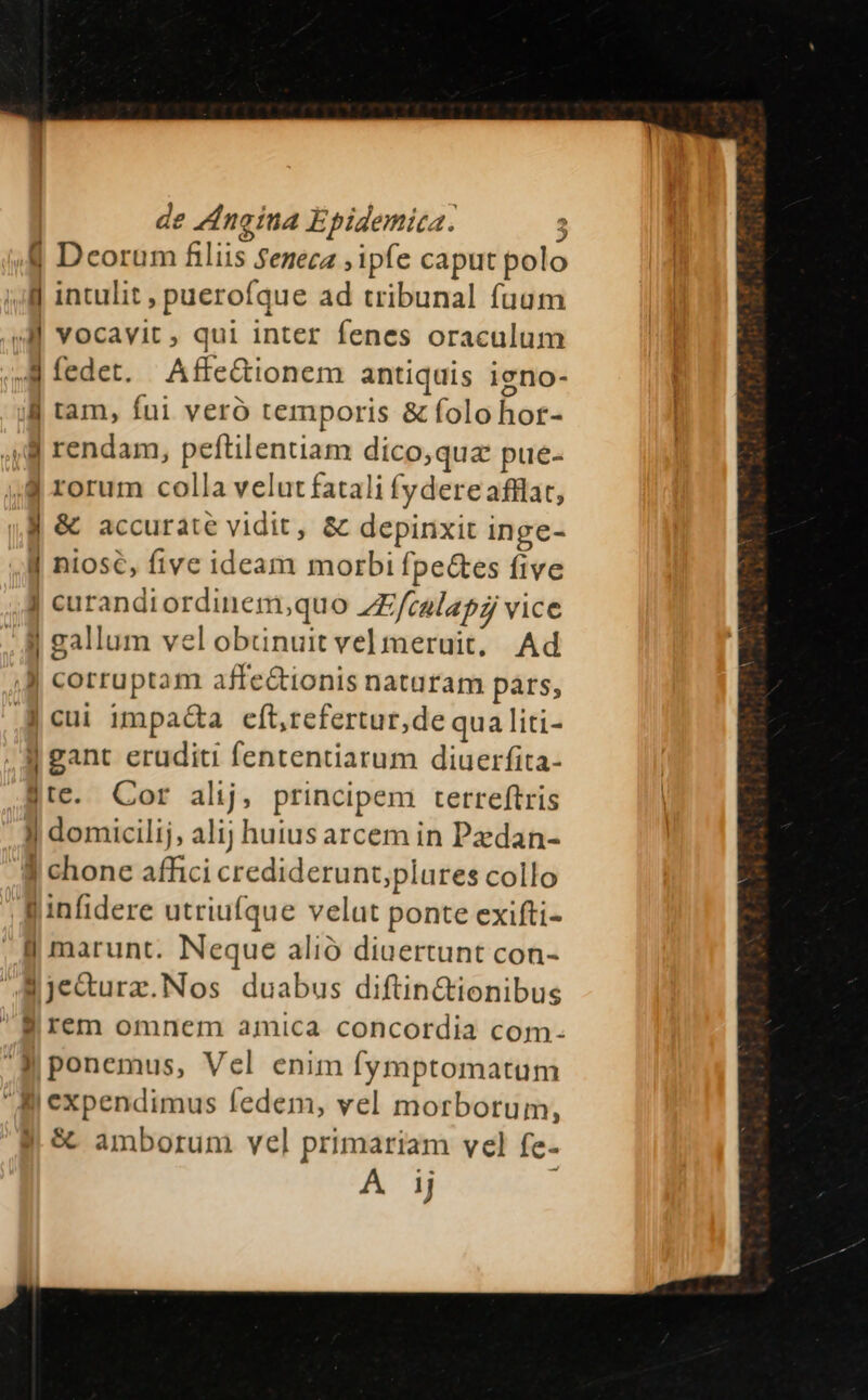 | Deorum filiis $eneca ; ipfe caput polo uM intulit , puerofque ad tribunal fuum »HM vocavit, qui inter fenes oraculum A fedet. Affe&amp;ionem antiquis ieno- Jj tam, Íni veró temporis &amp; folo hot- i rendam, peftilentiam dico,qua pue- ;8 rorum colla velut fatali fydere afflat, J &amp; accurate vidit, &amp; depinxit inge- | niosc, five ideam morbi fpe&amp;es five | curandiordinem,;quo ZZ/calapz vice gallum vel obünuit vel mmeruit, Ad ,J| corruptam affeGtionis natatam pars, JH cui immpa&amp;a eft,refertur,de qua liti- «gant eruditi fententiarum diuerfita- gte. Cor alij, principem terreftris | domicilij, alij huius arcem in Pzdan- jJ chone affici crediderunt;plures collo Rinfidere utriufque velat ponte exifti- Jj marunt. Neque alió diuertunt con- je&amp;urz.Nos duabus diftin&amp;tionibus Nirem omnem amica concordia com- Eponemus, Vel enim fymptomatum lli expendimus fedem, vel morborum, $c amborum vel primariam vel fe- A ij ; ie ied i-d ;m
