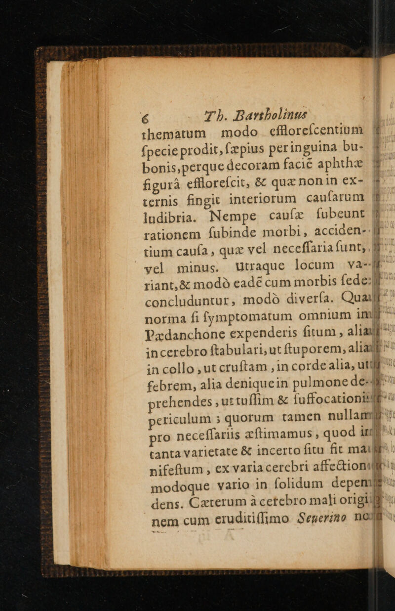 thematum |. modo. efllorefcentium 1 fpecie prodit, faepius peringuina bu- bonis,perque decoram facié aphthe 5$ figurà efflorefcit, &amp; quz nonin ex- ternis fingit interiorum caufarum y ludibria. Nempe cauíz fubeunt Jj rationem fubinde morbi, acciden- Jj tium caufa , qux vel neceffaria funt; ^ vel minus. Utraque locum va- » riant,&amp; modó eadé cum morbis fede: concluduntur, modó diver(ía. Quaur' norma fi fymptomatum omnium im TPadanchone expenderis fitum , aliaf ^ incerebro ftabulari, ut ftuporem; aliadt  in collo , ut cruftam , in corde alia, uttlf febrem, alia deniquein pulmone def prehendes ,uttuffim &amp; fuffocationisdf ^ periculum ; quorum tamen nullam x pro neceffariis zftimamus , quod ir^ tanta varietate &amp; incerto fitu fit maur nifeftum , ex varia cerebri affediomulr modoque vario in folidum depemfg dens. Caterum àcetebro mali origi nem cum eruditi(lumo Segeríno nod