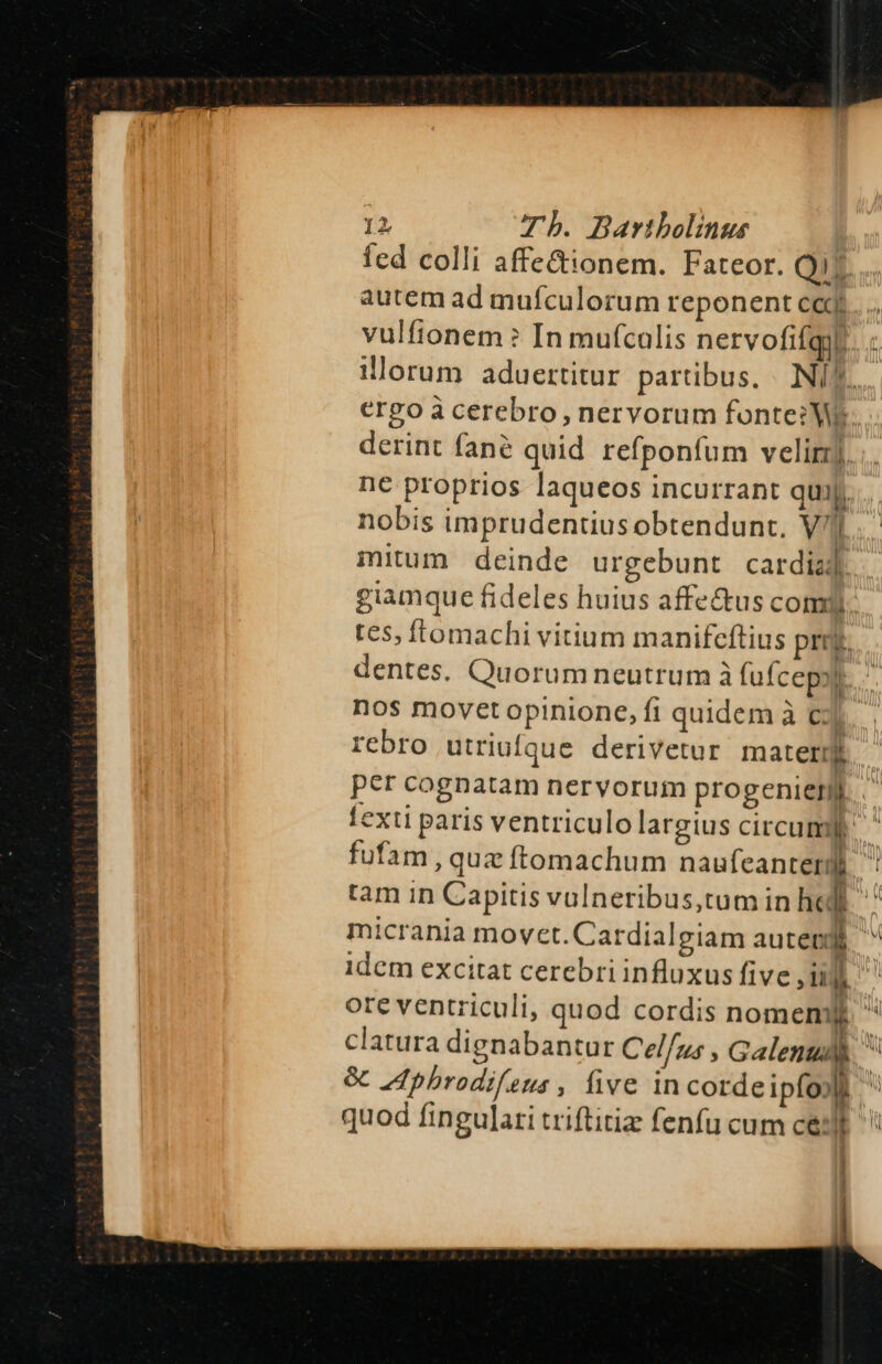fed colli affe&amp;ionem. Fateor. Qui autem ad mufculorum reponent cad derint fane quid refponfum velim]. ne proprios laqueos incurrant quif. nobis imprudentius obtendunt. Vl mitum deinde urgebunt cardiaj tes, ftomachi vitium manifeftius prim. rebro utriufque derivetur materi 1  fufam, quz ftomachum re ; IT micrania movet. Cardialgiam autem idem excitat cerebri influxus five, T á t clatura dignabantur Cel/us , Galenus | |