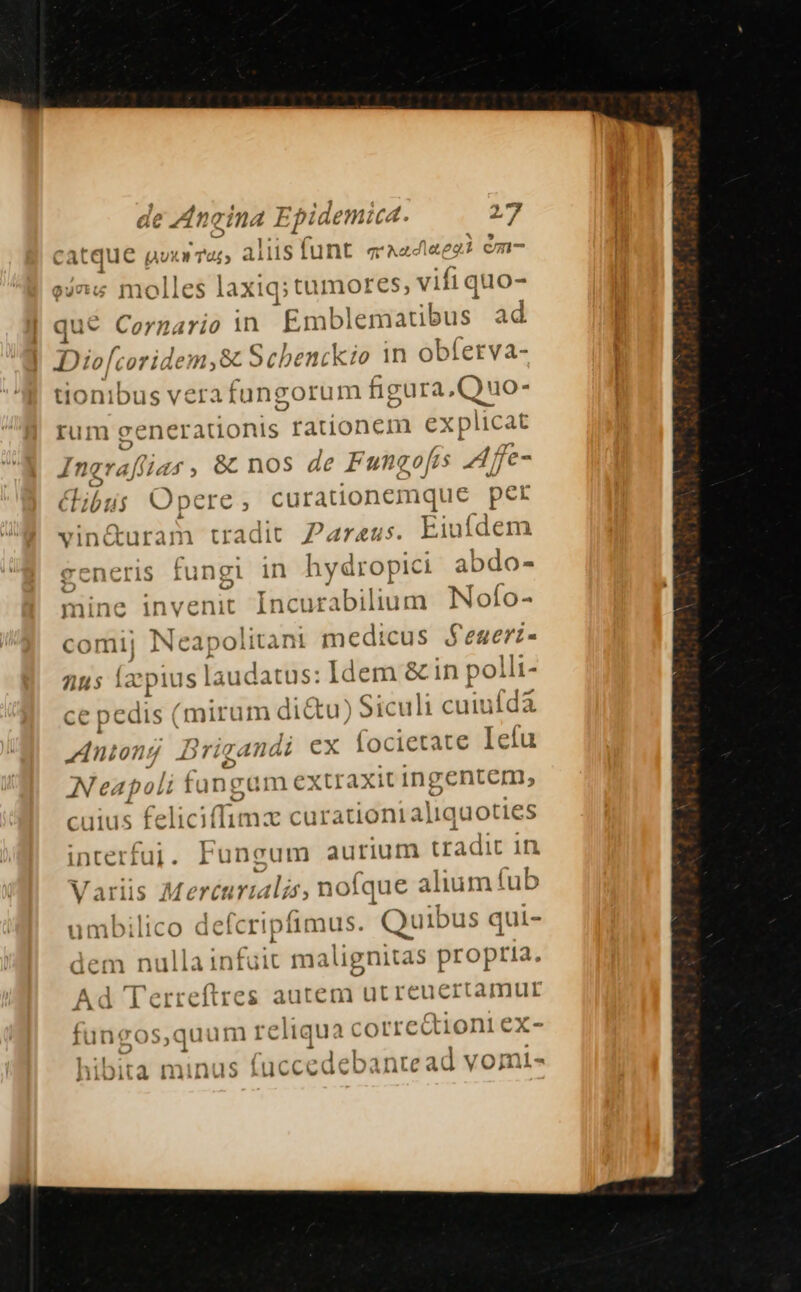 A Lt (s Ux T To aliis funt qr Aa diaeat cm- oi^: molles laxiq; tumores , vifiquo- qu€ Cornario in £Embl lematibus. ad Dio[coridem;8 Scbenckio in obferva- ionibus verafungorum figura, Quo- Ium gene 'raüonis ratdonem exp jXlicat Ingra sia ; &amp; nos de Fungofis A ffe- CUIUS Opere , curationemque per vin&amp;uram tradit 2araus. Eiufdem generis fungi in s ropici abdo- e (7 CIC LIO mine invenit ] rabilium. Nofo- comi| Nea solitude dn editis S eueri- nus Ízcpius laudatus: Idem &amp; in polli- ce pedis (mirum di&amp;u) Siculi cuiuídà JAniong Brig randi ex focietate Ielu ^ni 1! boli für )igam ex traxit ing entem, uius fe liciffimz curationial liquoties aM - interfui. EF ungum aurium tradit in Variis Merttri jalis, nofque alium fub umbilico defcripfimus. Quibus qui- dem nullainfuit maügnitas propria. Ad Terreftres autem ut reuertamur ^ T (uy fi ingos,quutni reliqu: à CO 'teCt1o! ICX- hibita minus fuccede 'banread vomi-