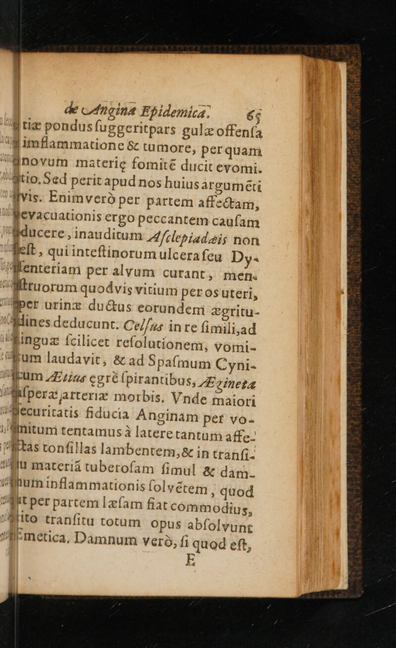 M tiae pondus fuggeritpars gulz offenfa Wimflammatione &amp; tumore, perquami anovum materie fomité ducit evomi. Wtio. Sed perit apud nos huius argumeti fiVvis. Enimvero per partem affectam, 1 llevacuationis ergo peccantem caufam Bducere, inauditum A filebiadeig non fict, qui inteftinorum ulcera feu Dy. IMentetiam per alvum curant , men. M Wiiruorum quodvis vitium peros uteri, liber urinz du&amp;us eorunderi 2eritu- dines deducunr. Cel/gs inte fimili,ad i&amp;inguz fcilicet refolutionem, vomi- aum laudavit, &amp; ad Spafmum Cyni- iAbum Z£ zs egre [pirantibus; /zinegg /Mfperat arteriae morbis. Vnde maiori üMecuritatis fiducia Anginam pet vo- initum tentamus à latere tantum affe- (Mas tonfillas lam bentem,&amp; in tranfi- Wu materia tuberofam fimul &amp; dam. aum inflammationis folyétetm , quod 8t per partem 1 zfam fiat com modius, Mito tranfitu totum opus abfolvunt 'J!:M:metica, Damnum Veró, fi quod eft, 4 4
