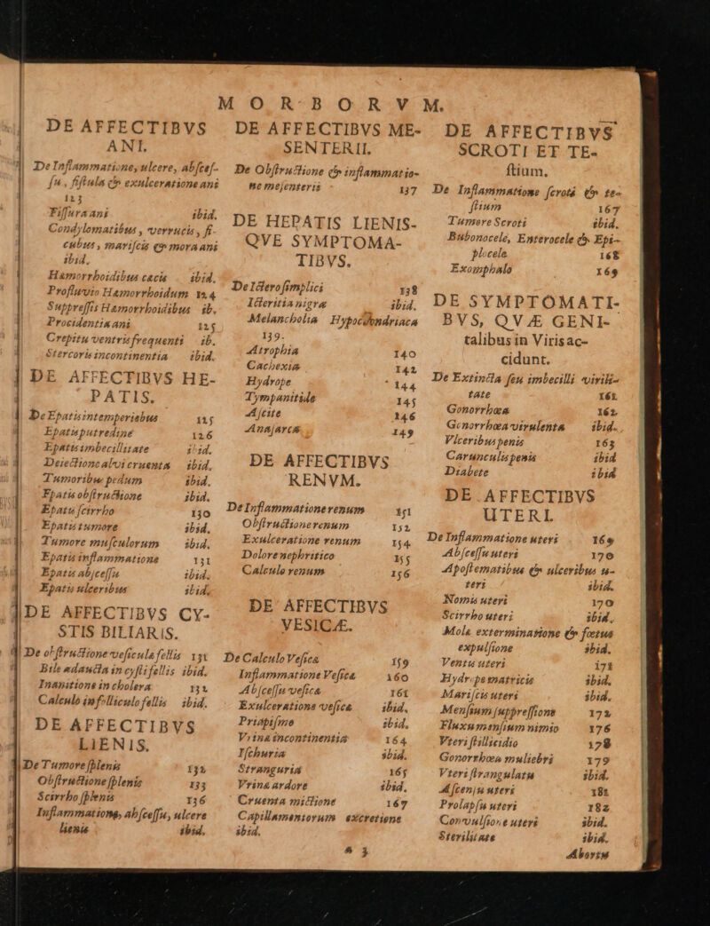 ————————— RÉÓHEHRQÓR ail —Ó € S WM CS A SR TRE IR RN —- NNI — RR 1 RR RR PB A aM o t i rA DE AFFECTIBVS ANI De Inflammatione, ulcere, Ab[ce[- f^, fiftula t» exulceratione ani 113 Fifura ani ibid. Condylomatibus , vverrucis , fi- CHUA, ThATI[CIs (9 mora ani 1514. Hamorrboidibus caca — ibid. Profiuyio Hamorrboidum 124 Supbreffis Hamorrboidibus | ib. Procidentis ani 11$ Crepitu ventrisfrequenti — ib. éfercoriszncontimentia —— ibid. DE AFFECTIBVS HE- PATIS. be Epatuintemperiabus 11$ Epatuputredine 126 Epatts inbecillitate j^ 1d. Deiecloncaloiceruemta — ibid, Tumoribw pedum $bid., Fpatis ob[irucdione ibid. Ehbatu letrrho 150 Ebatutumore ibid, Tumore mu[culorum 3b1d. Epatis inflammatione 131 Epatu abjce[[ ibid. Epatzu ulceribus 1L id. DE AFFECTIBVS CY- STIS BILIARIS. De o firutlione veficula fellis. vy Bile adaudcia incyflifellis ibid. Inasittone in cholera 131 Calenlo imfolliculofellis — ibid. DE AFFECTIBVS LiENIS, De Tumore (blenss 132 Obfirutlione [blenie 133 Scirrbo [lena 136 Inflammatione, Abfce[fu, ulcere liess ibid,                   DE AFFECTIBVS ME- SENTERII, De Ob[irutlione d inflammat io- ne mejentseris 137 DE HEPATIS LIENIS- QVE SYMPTOMA- TIBVS. DeIdtero fimplici 139 Ideritia nigra 4 bid. Melancholta | Hybocwondriaca 139. 4L trophbia 140 Cacbexis I412 Hydrobe 14.4 Tympanitide 145 4 cite 146 AnAJAvCS I49 DE AFFECTIBVS RENVM. DeIrfiammationerenum 11 Obfiruclionerenum 151 Exulceratione renum $4. Dolore nephritico 15 Caleule rezum 156 DE AFFECTIDBVS VESICAE:. De CaleuloVefica 1/9 Inflammation Ve[ica 160 Abfcelfu vefte 161 Exulceratione vefica ibid. Prispifmo 1534, Viinaincontinentia Ié4 Ifchuria $514. Stranguria 16; Vrin&amp; ardore ibid, Cruenta miflione 167 Capillamentorum | excretione sb:d, 5 3 DE AFFECTIBVS SCROTI ET TE- ftium. De Inflammnatione ferotá. € te- fiium 167 TumereScroti tbid. Bhnbonocele, Enterocele t» Epi- plcele 168 Exomphalo l69 DE SYMPTOMATI- BVS, QVE GENI- talibus in Virisac- cidunt. De Extinda fou imbecilli virili- tate Xét Gonorrbas 161 Genorrbaa-vtrulenta ibid. Viceribus benis 163 Carunculis penis ibid Diabete ibid DE .AFFECTIBVS UTERL De Inflammatione uteri 169 A bfeeffu uteri 170 Apoflematibus (n ulceribus n- teri ibid. Nomi uteri 170 Scirrbo uteri ibid. Mola exterminasione ( fetus expul[ione 3bid. Ventu ueri 17t Hydr«pa ematricis ibid. Mari[cis uteri bid. Menfsum [uppre[fione 172 Fluxumen[ium nimio 176 Vreri fHillieidio 128 Gonortboa muliebri 179 Vieri flrangulatu sbid. A fceniu uteri 181 Prolabín uteri 182 Convulfio»e uteri 3bid. Sterilii age ibid. A boris            