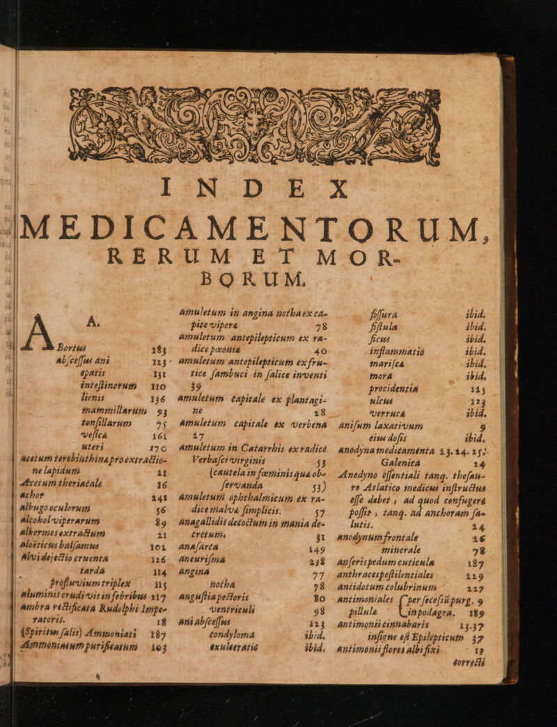 Borius 19i AD /ce[Tms Ans 123' €pAT15 iit intefhinorHwi — 110 lienis 1i6 tmammillarn, 93 tehfillarurm 5f Veficá í6i Aaléri 1206 Actium vibisthinapro extradiio- ne laptdur » ceium theriacale 16 &cbo? 141 albuso oculorum $6 AMltobol-viperarum $9 Blkermesextrafium 1i Aloeticts bal[amus 161 Alvi dejecio cruenta 116 tAsdA il4 Brofiwvium triplex iij TAL OY. 18 187 16j Aitiuletum in angina nofbaex ca- pite vipera : 78 amuletum antepilepticum ex va- dicepoohni& —— 40 amsuletuim antepilepticum éx fru- tice fambuci in (Alice inventi 39 ; Amnletut capitale ex plantagi- né 18 Amuleium. capitale ei verbena 217 Amuleium in Catarrbis ex vadicé Verbafci virginis $3 (cautela in fominis quà ob« fei -oanda $1) amuletum ópbthbalmicuim ex ra- dice malva fimplicis. $7 AnAgAllidis decoclum in mania de- CYOl HIA 3I AnAJArca i49 Aneuri[má 23$ ánginá 57 hoibà »8 angu[Hapecloris $0 ventriculs 98 Ani Abfceffus i1j £ondyloma ibid. éxulterAtio ibid. fiffura ibid, fiflula ibid. fictus ibid. inflammatió ibid. $nart[cá ibid, fnof'À ibid. procidentia 1ij ulcus 12j Uertucá 3bid., ánt[utn lakatium | eites dofis ibid, Anódyna médicatmnénia 13.14.24; Galenicá 14 ad nodyno éffentiali tàng. tbefan- vo AAtlatico inedicua in[fivuciua effe debet 5 ad quod confugere fofi . 2anq. ad anchoram fa» Iutis, i4 Anollynih frontale 26 minerale 58 Ab[erispedum euticuln 183 anthracespeflilentiales 129 antidotum éolubrinum 12? Ahtiriohinles (per fecefsitpurg, 9 pillula ihbodagrAa. 189 antimohti tinhabaris 13.37 infune ef Epilepticum. 37 Antimoniiflores albi fixi í2 eorredclá