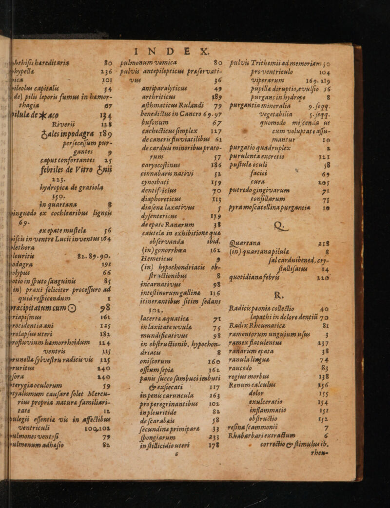  NA4D«E X. Mbbebifis bareditaria 80. pulmonum vemica 80 Whypelle 236 - pulvis antepilepticus prafervuatt- aca ; IOI Ut05 36 Wrileolus capitalis £4 antipavalyticus 49 Me) pilis leporis futnius in bamor- arthriticus 189 | £bagia 67 Aflbmaticus Rulandi — 79 uu de »k aco 134 benedicius in Cancro 69.97 Riverii 128 buforium 67 l Gales inpodagra 189 gnchecticia [imp g^ MR | per fece[fum pur- decaneri fiuviati (HA 61 24 decardutis minoribusprato- | gantes 9 : | caputtonfortantes — 2$ PPP di; /» | briles de Vitro. nis pé eii t d à | f d i | einnabarti nativi p | 1j. norbads | bydropica de gratiola nn WE FA | H9. diaphoreticus I5 I jn quartana 3 diajena laxaticutu j MMguedo ex. cocblearibus ligneis dyJentericss 1x9 | 69- de epate Ranarum 38 | ex epate muftela 56 cautela in exhibitione qua fcis i in'yentre Lucii iprgentus 164. . ebfervanda S: qerbora (in) gonorrhbea 161 Weuritu 82.89.90. LI MUS MNodagra DE (in) bypocbondrincis Ma ijobpus zs 66 fit «cionibus 8 Wiotéo 12 [puto [anguini 85 jncavbat POMÁ | 98 Mim) praxi feliciter proce[furo ad. quid ve[picendum Urecipitatum cum C) 98 Wiriapifm us 161 WMirocidentza Ani I2j Wrrolap[us utert 182 Wirofiuvinm bamorrboidum — 114. ventris Mj urunella fyiuefira radici ois — 11$ darruritus 240 aora 140 Mhterygiaoeulorum 3 -antyalismum cau[are folet. Mercu- riut propria natura familiari- ate 12, Wbulegii effentia uis 5n Aaffeclibus ventriculi 109,102 WenImones venzofs 72 Wruimenum adbe [io 82 inteflinorumgalline | 316 itinerantibws fitim. fedans 102. lacerta aquatica 5t $n laxitate wuult 7$ mundificatius 98 n ob[iruclionib. bypochon- 8 driacts enifcorum 1606 offium febia. 162 panis fucco (ambucs imbuti (nexfiecati | 117 in penis caruncula 163 properegrinantibus — 101. in pleuritide 81 de fcarabaias $8 fecundinaprimiparhà — 33 fpongiarum 23j $n fHillicidio uteri 178    puluu Tritbemii ad memoriam ;« proventriculo 104. VUIberarum 169. 119 pupilla diruptio,evulfio. s&amp; purgans in bydrope 8 purgantia mineralia 9.feqq vegetabilia j-/eqq. quomodo mijcenaa ut cum voluptat eaffu- mantur IO purgatto quadruplex &amp; purulenta excretto ILI puftula oculi | $8 facies m 69 Cura 19j putredo gingivarum 21 tonfillarum 7Í pyra mo[catellinnpurgantia — 10 Q-. Guartana 218 (i2) quartanapilula 8 fal carduibened. cvy- | finlifatue —. x4. quotidinnafebris 110 EK. Radici paonia colletlio 40 Japathi in dolore denti 7 0 Radix Rbeumatica 8r ramentorum unguium u[us 3 ramex flatulentua 137 YABnaY Wm epata 38 ranula limue 74. raucedo 85 regius morbsu 138 Renum calculm 156 dolor 15$ exulceratio 1j4 inflammatio 1j1 obfiructio tj2 vefima [(rammonis 7 Rhabarbariextratium 6 corrediio e» fimulu ib, rbesw- 