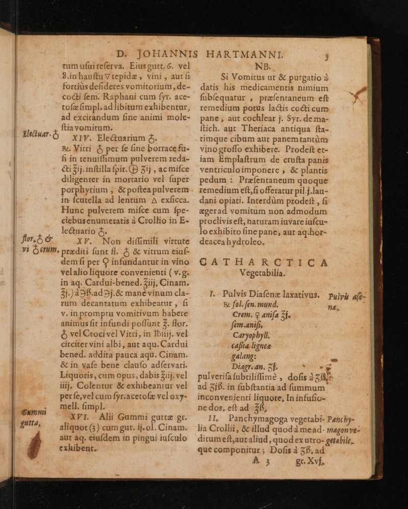 4o be tum ufuireferva. Eiusgutt.6. ve 9.in hauftu Vtepidz , vini , aut fortius defhideres vomitorium, de- codi fem. Raphani cum fyr. ace- tofz (impl. ad libitum exhibentur, ad excirandum fine animi mole- , Ítiavomitum. XIV. Electuarium $. R&amp;. Vitri 5 per fe fine borrace fu- fi in tenuiffimum pulverem reda- &amp;i £ij. inftillafpir.(D 21j , ac mifce diligenter in mortario vel fuper porphyrium ; &amp; poftea pulverem in fcutella ad lentum A exfíicca. Hunc pulverem mifce cum fpe- ciebusenumeratis à Crollio in E- lectuario ó- XV. Non diffimili virtute 1 * demft per 9 infundantur in vino velalioliquore convenienti ( v.g; in aq. Cardui-bened. Ziij, Cinam. 2j.)aDfi.ad 9j.&amp; manévinum cla- rum decantatum exhibeatur , fi v.inpromptu vomitivum habere animus fit infundi poflunt 2. flor. à vel Crocivel Vitri, in Ibiiij. vel circiter vini albi, aut aqu. Cardui bened. addita pauca aqu. Cirram. &amp; in vafe bene clauío adfervari. Liquotris, cum opus, dabis Ziij. vel iiij. Colentur &amp; exhibeantur vel perfe,vel cum fyr.acetofz vel oxy- mell. fimpl. XVI. Alii Gummi guttz et. aliquot (3) cum gut. ij. ol. Cinam. aut aq. eiufdem ín pingui iufculo exhibent. NB. Si Vomitus ut &amp; purgatio à datis his medicamentis nimium fubíequatur , praíentaneum eft remedium potus lactis cocti cum pane ;, aut cochlear j. Syr. de ma- ftich. aut Theriaca antiqua íta- timque cibum aut panemtantüm vinogtoflo exhibere. Prodeft ec- iam Emplaftrum de crufta panis ventriculoimponere ; &amp; plantis pedum : Praíentaneum quoque remedium eft,fi offeratur pil.j.lau- dani opiati. Interdüm prodeft , fi egerad vomitum non admodum procliviseft, naturam iuvare iufcu- lo exhibito fine pane; aut aq.hor- deacea h ydroleo. Q ATH AR CTICA Vegetabilia. Crem. q antifa 7j. fem.anifi, Caryopbyll. cafíta. lignea galang: Diagr.an. 2j. e IS * 5 ad 3í$. in fubftantia ad fümmum inconvenienti liquore, In infufio- ne dos, eft ad zs, que componitur ; Dofis à 315, ad A gr. Xvj,                                    JT AGE Rc dnd pirese  