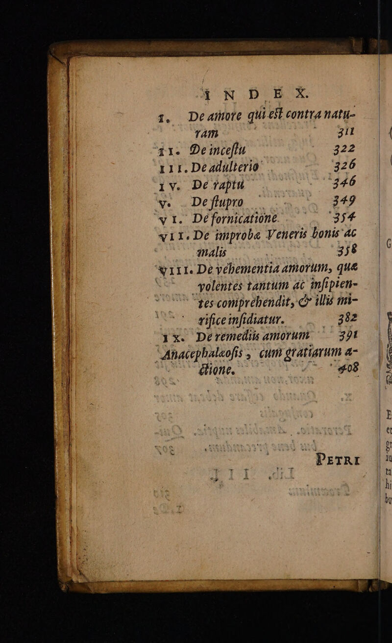 1. Deae qui efl contra natn — TAm  vg 41. Qeinceflu 322 111. Deadulterio' 326 iv. Dervaptü . 7 0c 346 wv. .Deflupro — .- 349 vi. Déformiatune . ^ 354 vir.De improbe Veneris bonis 4c malis | 3j8 xir De vehementia amorum, que Telentes tantum ac ifi ipieti- tes comiprebendit, C illu 5ni- pon infidiatur. 382 ix. Deremedisamorum ^^ 391 Anacephal«ofís ,' cum gratiarum « 4- dime 70 Ve was U AS KÓleSranmemmmoe 2
