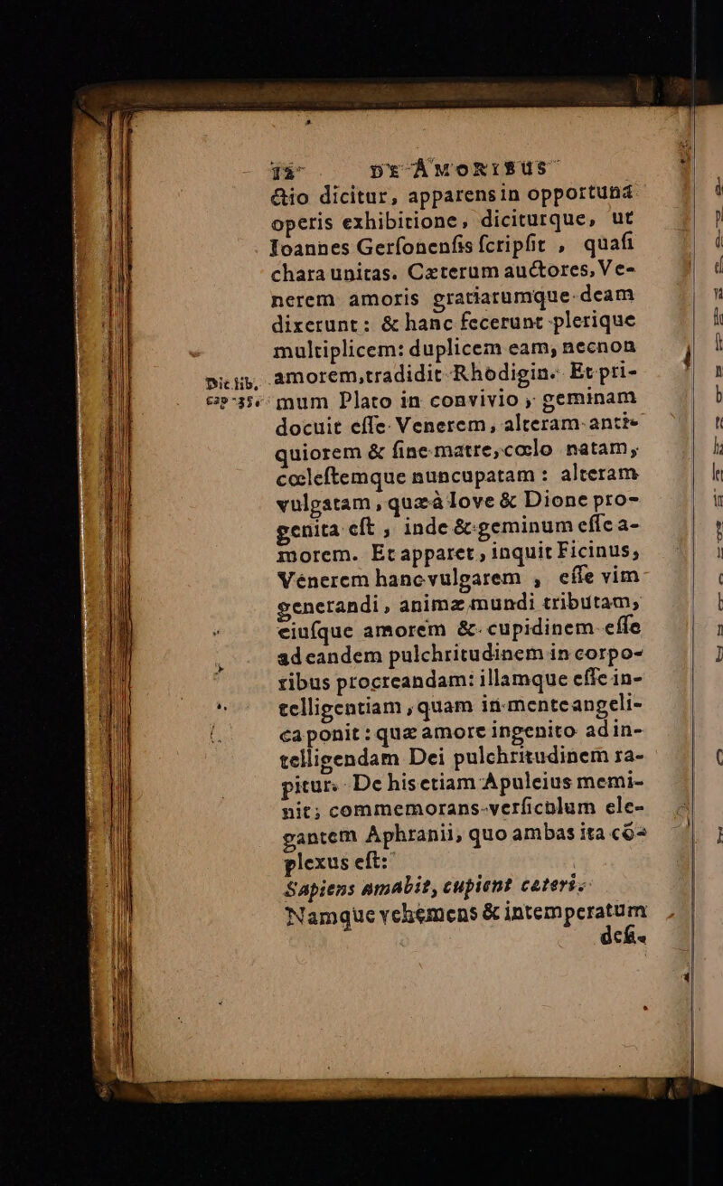 Ticlib, 14 Dr-ÀÁMORISUS' &amp;io dicitur, apparensin opportuna operis exhibitione, diciturque, ut Ioannes Gerfonenfis fcripfit , quafi charaunitas. Ceterum auctores, Ve- nerem amoris gratiarumque- deam dixerunt: &amp; hanc fecerunt plerique multiplicem: duplicem eam; necnon amorem,tradidit Rhodigin.. Et pri- mum Plato in convivio geminam docuit effe: Venerem, alteram. antte quiorem &amp; fine-matre,codlo natam; cocleftemque nuncupatam : alteram vulgatam , quz à love &amp; Dione pro- genita eft , inde &amp;:geminum effc a- morem. Etapparet , inquit Ficinus, Vénercm hanc vulgarem , effe vim generandi , animz mundi tributam, eiufque amorem &amp;. cupidinem. effe ad eandem pulchritudinem in corpo- tibus procreandam: illamque cffe in- telligentiam , quam in-mente anpeli- caponit : que amore ingenito adin- telligendam Dei pulchritudinem rza- pitur. Dc hisetiam Apuleius memi- nit; commemorans-verficolum ele- gantem Aphranii, quo ambas ita c&amp;^ plexus eft: Sapiens amabit, cupient ceteri. Namguc vehtmens &amp; intem pen : CH
