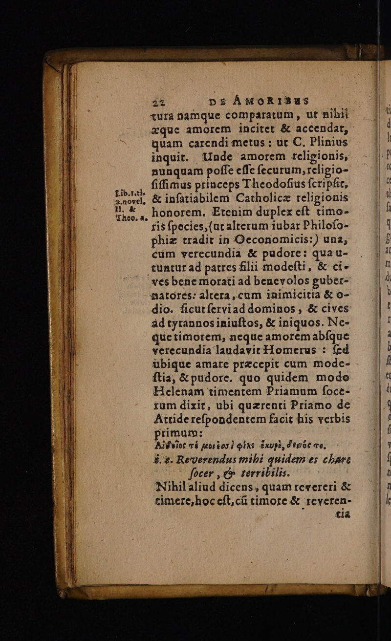£ib.r.tle *x.novel, 24 pz ÀÁMORISUS &amp;quc amorem incitet &amp; accendat, quam carendi metus : ut C. Plinius inquir. lnde amorem religionis, nunquam poffe effe fecurum, religio- fiffimus princeps Theodofius fcripfie, &amp; infatiabilem Catholicz religionis honorem. Etenim duplex eft timo- ris fpecies, (ut alterum iubar Philofo- phiz tradit in Occonomicis:) una; cum verecundia &amp; pudore: quau- tuntur ad patres filii modefti, &amp; ci» ves bene morati ad benevolos puber- natores: altera ,.cum inimicitia &amp; o- dio. ficutferviad dominos , &amp; cives àd tyrannos iniuftos, &amp; iniquos. INe- que timorem, ncque amorem abfque verecundia laudavit Homerus : fed übique amare przcepit cum mode- ftia; &amp; pudore. quo quidem modo Helenam timentem Priamum foce- rum dixit, ubi querenti Priamo de Attide refpondentem facit his verbis primum: Aideitc Té aorkos i QING Exupb, d'enóe vo, d.e. Reuerendus mibi quidem es chara - focer , c terribilis. Nihilaliud dicens, quam revereri &amp; timere, hoc eft, cü timore &amp; reveren- tia —À 4»