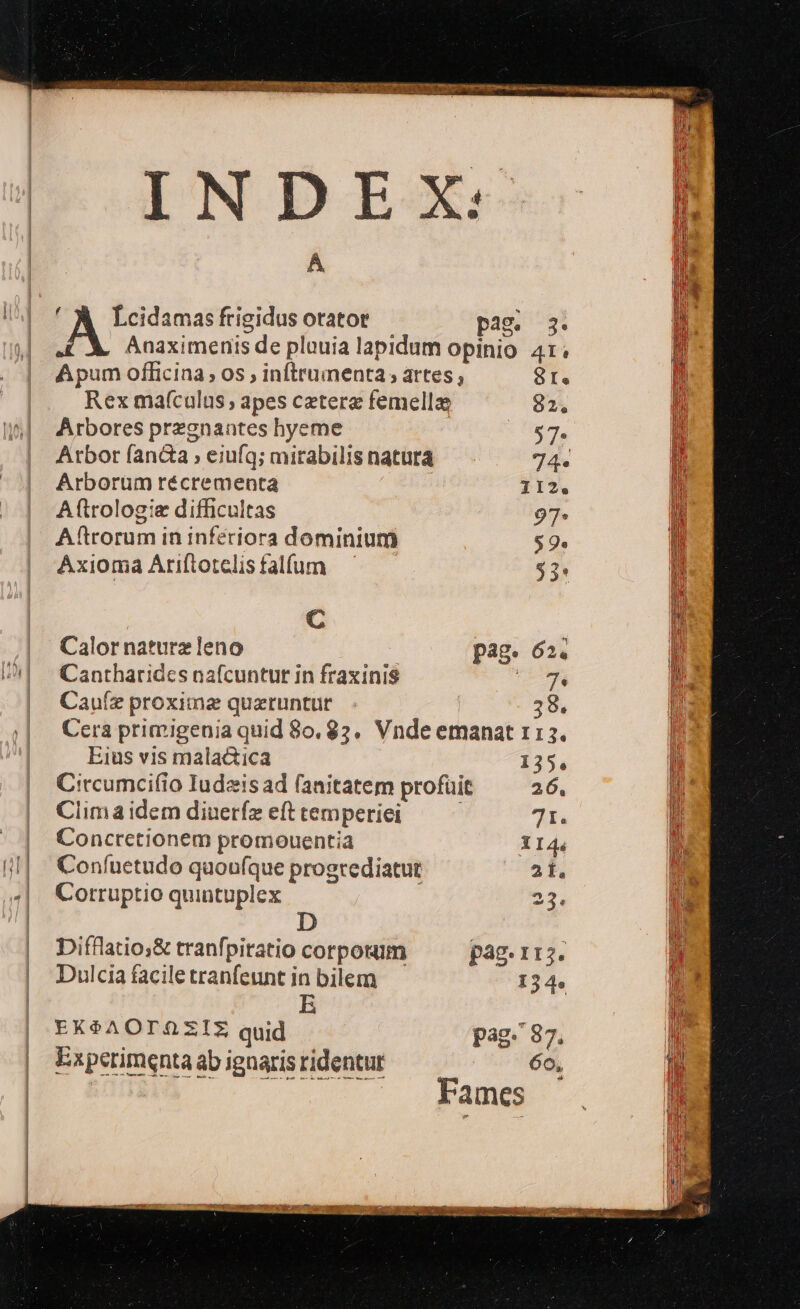 C A Leidamasfrigidus orator pag. 3. £A Anaximenis de plouia lapidum opinio 41. Apum officina; os ; inftrumenta, artes 8r. Rex maículus; apes ceterg femellze 82, Arbores przgnantes hyeme * fe, Arbor fana ; eiufq; mirabilis natura 4 Arborum récrementa | r12. Aftrologie difficultas 97- Aftrorum in inferiora dominium S 9« Axioma Ariftotelisfalfum — $3: C Calor naturz leno pag. 62. Cantharidcs nafcuntur in fraxinis CE e Cauíz proxima queruntur. | 39. Cera primigenia quid 80.83. Vnde emanat 113. Eius vis malactica 135.4 Citcumcifio Iudaeis ad fanitatem profüit 26, Clima idem diuerfz eft temperiei , 71. Concretionem promouentia 114. Coníuetudo quoufque progrediatur 2t. Corruptio quintuplex 22. Difflatio;&amp; tranfpiratio corpotam pag. 115. Dulcia faciletranfeuntin bilem — 134. E EK$AOTAZIZ quid pag. 87. Experimenta ab iguaris ridetur 6o, | Fames