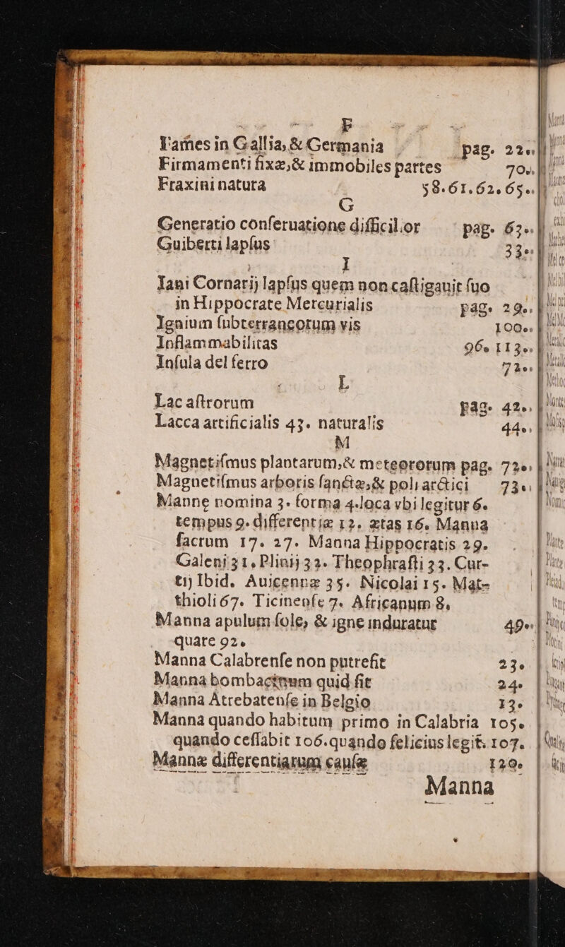 lames in Galla; &amp; Germania pag. 22«]|li Firmamenti fixz,&amp; immobiles partes 70. l7. Fraxini natura 39.61.62. 65]. Generatio conferuatione difficil.or pag. 62^] ^ Guiberti lapíus 33e] Jani: Cornarijlapfus quem noncafügauitfuo — — in Hippocrate Mercurialis pag. 22. 1^ Ignium (ubterraneorum vis 100.. |. loflam mabilitas 96. 113». | Infula del ferro 73. [H4 Lac aftrrorum pag. 42.. |^ Lacca attificialis 43. naturalis 44.. | 43 M Magneti(mus plaotarum,&amp; meteerorum pag. 72» |! Magneti(mus arboris fan&amp;a,&amp; poliar&amp;ici — 73«| N : Manne nomina 3- forma 4-loca vbi legitur 6. | tempus 9. differentie 12. ztas 16. Manua facrum 17. 27. MannaHippocratis 29. |: Galeni 31, Plinij 33. Theophrafti 23. Cur- I^ tij Ibid. Auicennz 35. Nicolai 15. Mat- | thiolió7. Ticineofe 7. Africanum 8, | | | Manna apulum fole, &amp; igne induratur 4B» | quare 92». J^ Manna Calabrenfe non putrefit 23. |. Manna bombacimum quid fit 24. |t Manna Atrebaten(e in Belgio 12. | his, Manna quando habitum primo in Calabria ros. | quando ceffabit 106.quando felicius legit. 107. . | Vt Manna differentiarum eapía p29. | Manna
