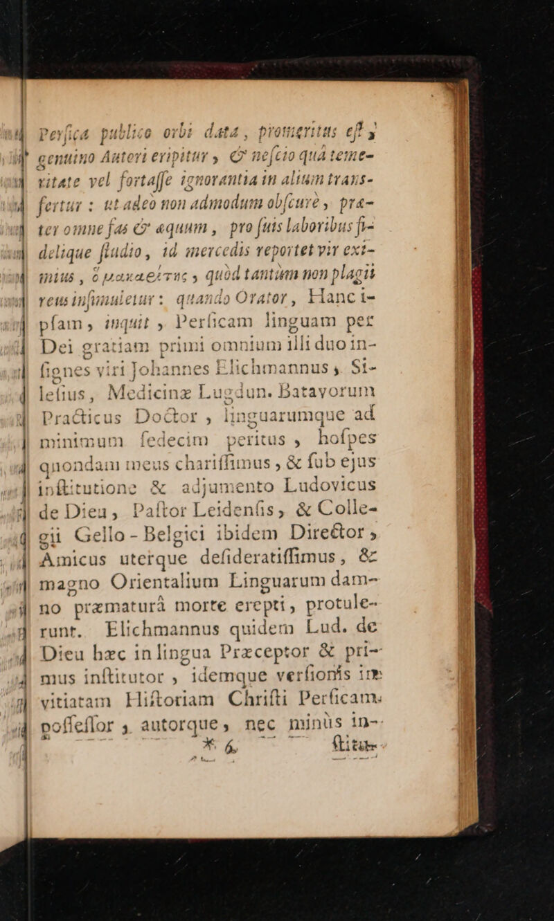 | orb: gentituo Autori eripitur $ C H ne[ci Ü m At eine- vitate vel fortaffe ignorantia in altum trays- puo : et adeo non Admodum ob[cure , pra- ter omne jas e «quum , pro fuis laboribus fi- delique ftudio , id mercedis repoitet y;Y ext- iius, opaxaercus s quod tantiim non plag di eusinfunulewm: quando Orator, kianct om , inquit , Perficam linguam per Dei gratiam primi omnium iili du oin- mintmuu decim petitus ,  at pes anondan meus chariffimus , &amp; fub ejus * ES dlleuari et erbsvie Uff infttutione &amp; adjumento Ludovicus de Diea, Paítor Leidenfis, &amp; Colle- gi Gello - Belgici ibidem Dire&amp;tor , Amicus uterque defideratiffüimus, &amp; magno Orientalium Linguarum dam- no pramatur à morte erepti; protule- runr. Elichmannus quidem Lud. de Dieu hzc in lingua 1 Prrceptor &amp; pri mus inftitutor , 1demque ver(ionis im vitiatam Hiftoriam Chrifti Perficam. pofiel feflor 4 autorque, nec mu: nüs in-- z * ó. (titu