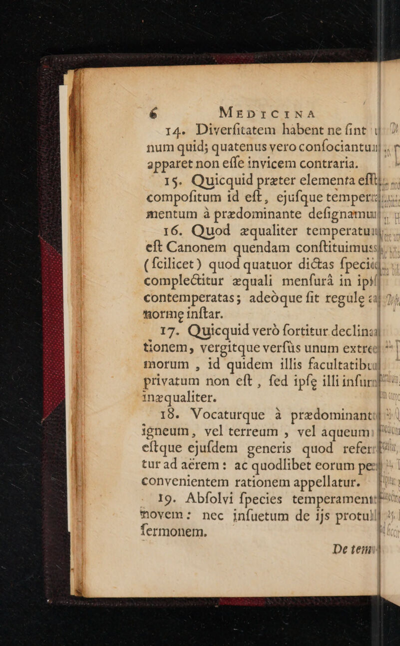 ie MEDICINA I4. Diverfitatem habent ne fint. 4. num quid; quatenus vero confociantuil;, v apparet non effe invicem contraria. 15. Quicquid prater elementa effi); , compofitum id eft, ejufque temper; mentum à predominante defignamu,, ; 16. Quod zqualiter. temperatuij.... eft Canonem quendam conftituimuss, ;;. (fcilicet) quod quatuor dictas fpeciiq. complec&amp;itur equali menfurà in ipM. contemperatas; adeoque fit regule 2j 7j norme inftar. 17. Quicquid veró fortitur declinaj tionem, vergitque verfüs unum extre] ^| morum , id quidem illis facultatibui] privatum non eft , fed ipfe illi infurj] inzqualiter. | 18. Vocaturque à predominant] 2| igneum, velterreum , vel aqueum: [4 eítque ejufdem generis quod refer:]*: tur ad aerem : ac quodlibet eorum pe: convenientem rationem appellatur. — | : I9. Abfolvi fpecies temperament movem: nec jnfuetum de 1Js protuli] fermonem. | MITT De tem