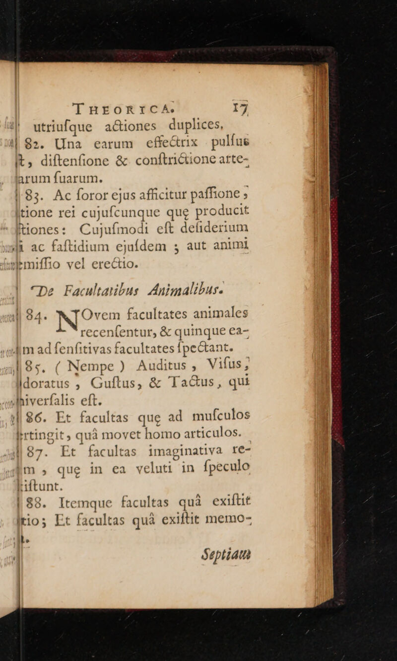THEORICA utriufque actiones duplices, il 82. Una earum effe&amp;rix | pulfus It, diftenfione &amp; conftrictione arte- Rrum fuarum. 83. Ac foror ejus afficitur paffione ; Itione rei cujufeunque que producit iones: Cujufmodi eft deliderium 4à ac Gfidium ejuídem 3 aut animi telemiffio vel erectio. De Facultaibus Animalibus. | 94. NO facultates animales ecenfent ur, &amp; qui inque ea- Im ad fenfitivas facultates fpectant. 48s. ( Nempe) Auditus ; Vifus, ldoratus , Guítus, &amp; Ta&amp;us, qui dhiverfalis eft. || $6. Et facultas que ad mufculos Irtingit, quà movet homo articulos. jM 87. Et facultas imaginativa re- m» que in ea velud: in fpeculo Iiftunt. | 88. Itemque facultas quà exiftit |tios Et facultas quà exi ftit memo- Io * | Septiaui