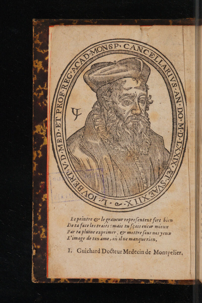 D Q KSS? de 4}, NN # # ONE Lepeintre legraweur reprefentent fort bien De ra face les traits :mais tu [cas encor mieux Par ta plaine exprimer AE à mettre fous nes veux L'image de ton ame, ou ilne manie rLEN. É I. Guichard Doëteur Medecin de Montpelier, TN «O4 TN KT