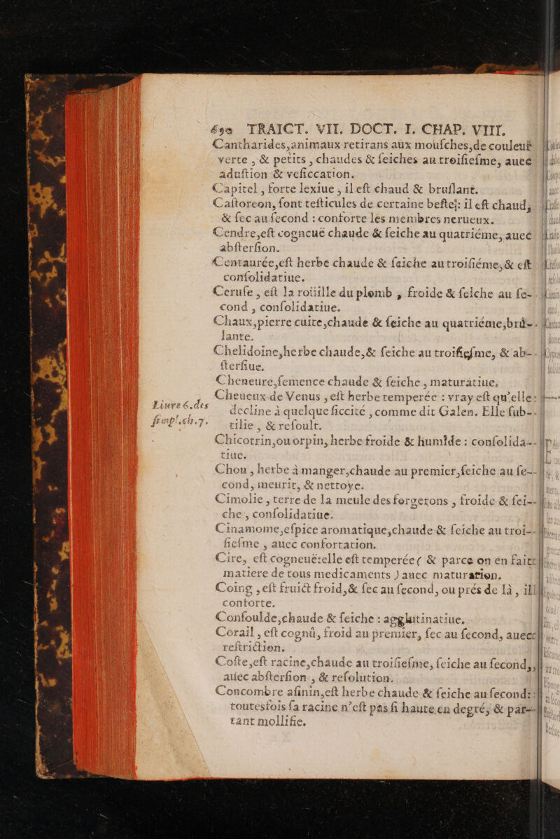 Cantharides,animaux retirans aux moufches,de couleuë verte , & petits , chaudes & feiches au troifiefme, aueé adaftion & vefñiccation. Capitel , forte lexiue ; ileft chaud & bruflant, Caftoreon, font tefticules de certaine beftek: il eft chaud, & fec aufecond : conforte les membres nerueux. Send e,eft cogneuë chaude & feiche au quatriéme, aueé bfterfon. Coiainée b6 herbe chaude & feiche au troifiéme,& eft coffolidatiue. Cerufe , eft la roûille du plomb , froide & feiche au fe- cond , confolidatiue. Chaux, pierre cuite,chaude & feiche au quatriéme,bri.. Chelidoine,herbe chaude, & feiche au troïfigfme, & ab- fterfiue, Cheneure,femence chaude & feiche, maturatiue, Cheueux dé Venus , eit herbe remperée : vr ay eft qu'elle ine à ES Peas comme dit Galen. Elle Gb) tilie, & refoult. Chicotrin,ouorpin, herbe froide & humide : confelida- tiue. Chou, herbe à manger,chaude au premuer,feiche au fe- cond, meurit, & nettoye. Pal CC che 5 coule: Cinamome,efpice a: romatique,c haude & feiche au troi- fiefme ,; auec confortation. Cire, eft cogneuëtelle eft temperée & parce on én Fait matiere de tous medicaments ) auec maturation, Fous ,eft frui& froid, & fec au fecond, ou prés de [à , il coNtOLtE: Conf oulde chaude & feiche : agghitinati ue. Corail , eft cognû, froïd au premier, fec au fecond, aueet reftrictien. Cofte,eft racine,chaude au troifiefme, feiche au fecond,, auec abfte one , & refolution. Concombre afinin,ci herbe chaude & feiche au fecond: FOpRetSIs fa racine n’eft pas fi haute.en degré, & par- tant mollife.