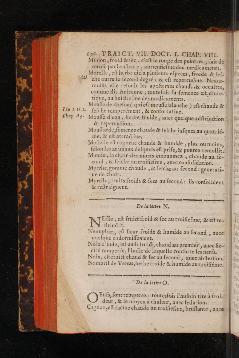Minion , froid &amp; be c'eft le rouge des peintres , fait de € 4 refoult les apoftemes A ee a occultes it Auicenne ; toutefois [a {emence eft.diu au hu ES des medicaments, Moufle de chefne( quieft mouffe blanche ) eft chaude &amp; pe ete, , &amp; confortatiue, &lt; Moufle d’eau , herbe-fr roide ; aue c quelque adftrin@ion cc )n1M e &amp; feïche ufques au quatrié- haude &amp; humide , plus ou moins, els eft prife,&amp; pource remollit, s morts embaumez , chaude au {e- icfme , auec confolidation. Myrche,; comme chaude , &amp; fe che au fecond : generati- ue de chair, | Myrtils, fruits froids &amp; fecs au fecond: ils confolident &amp; reftr aignent, PRRRRSEPRUNUS OEIL Cannes De lalettre N, M TEfle ,eft ut froid &amp; fec au troifefi Îme, &amp; eft re- à: US e Nenuphar, eft P'son froide &amp; humide au fecond , auce quelqu ie € endormie int. pe No: six mu frui Rd &amp; Gz .. ouest , auec abfterfon. Nombril de Venus,herbe froide &amp; humide au troif iéme, Bomssenmnse Bnennmorceg ERREUR unes De la lestreO, danenmscase mens: Done Eufs, fon Li Mmperez : toutesfois l’aulbin tire à froi- Ç deur , &amp; le moyeu à chaleur, auec fedation: Oignon,eft : racine chaude au troifiefme, bruflante , aue@
