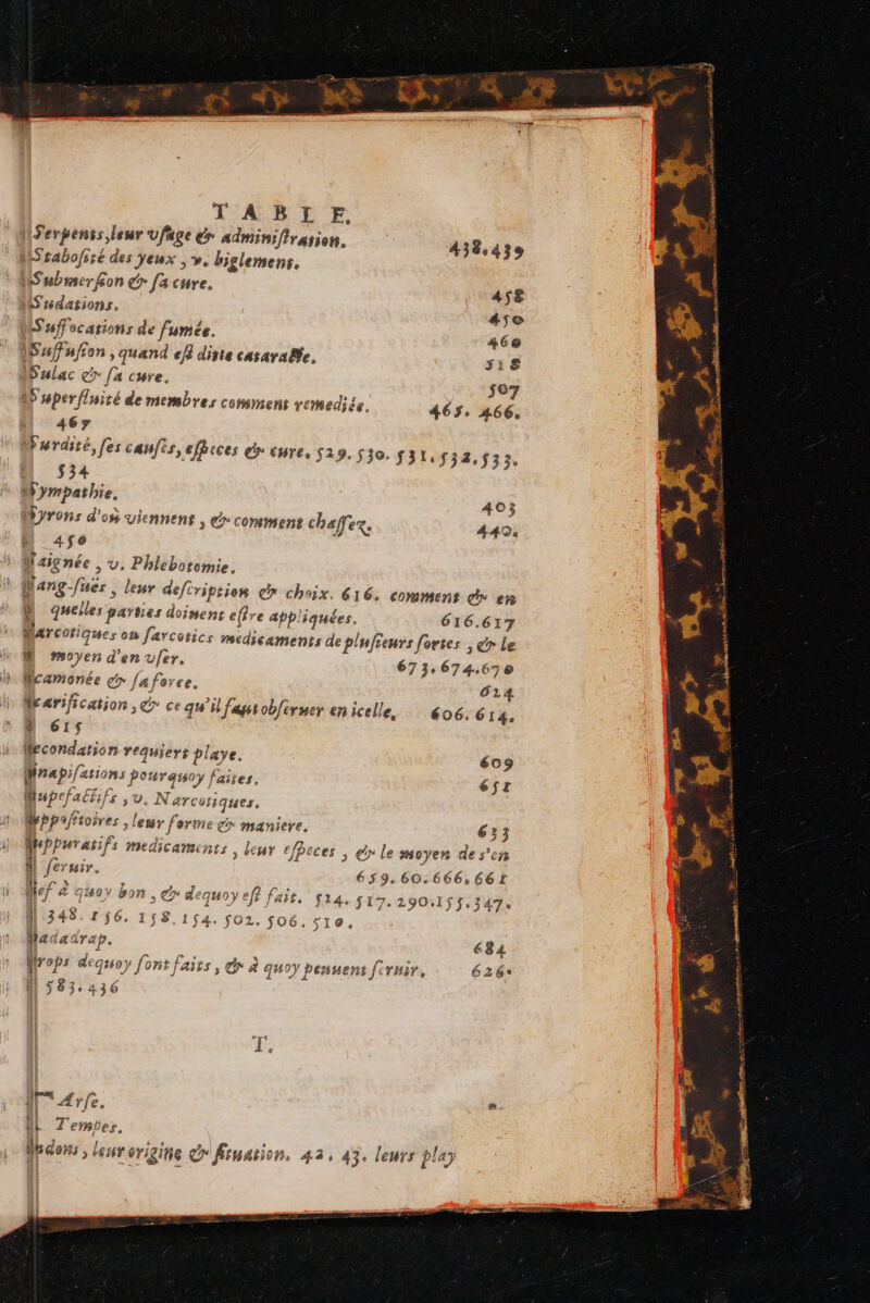 Ferpenss leur vfage er adminifiration. 1} A 8 K Srabofssé des Yewx 3 Ve biglemens, bi de NSubmer fon € [a cure. S'udations. x Suffocations de fumée. a \&lt; Le S + . Saffufion , quand ef disie carayrade. ss &amp; Dulac gr [a cuve. #s Ur RS 3 D smperfluité de membres coment reediée, 465 ps 467 Furdité, [es caufis, effices dr cure. 519.530. 31, 532.533 534 | Wympathie. VE D PP: ! ie byrons d'os viennent &gt; Comment chaffex. “he es  #4 lignée , V. Phlebotomie. Dang-/ues , leur defcriptior Gr choix. 616. comment dx en quelles parties doiment e(ire appliquées. 616.617 ‘ ; ï . ù d Qarcotiques on farcotics medicaments de plufienrs fortes , gr Le M moyen d'en v/er. 67; 674.670 ( / / : A Mcamonée gr [a force. re + o2 Rarifcation € ; : es, FArjicatson , © ce qu'il fastoblermer enicelle, … 606. 614. N 615$ Mecondation requiers playe. éo nn A ? MIrAPsfations pourgwoy faites, éjr Mupefaéhifs ,v Narcotiques, dPpafitoires ; lewr forme 5 maniere. 6:3 | 7. ‘ 2 Muppuratifs medic nts , leur cfbe y le s° | PPHTASS medicamints | leur efbeces , ex le smioyen de s’en Al fer7sir, 6 4 i7 à À 659.60.666,661t Nle7 Æ GUY bon, co dequoy ef? fai 190,1 éco es , G dequoy eff fair, 514. S17. 190.1$$.347, HN 348.156. 158.154. 02. 506.510, « PF Von 4 MAaTaaTap, 1k “ ont £a: ï 7 QUO: &amp;equoy font fais, dr à quoy penuent feruir. 626: M 583,436 F'Arfe. ® 1 {| NL T'ermbes. LL, 7... pes, fre f . . MpGon: , leurorigine Cr'fination, 42, 43. leurs play ? ” à Je # | 7. Fe à LME se de ésag ee &gt; Me, Vs A 4e 20e EEE a : age Œ Pat. ‘#s V4 + Le à ka id: une 2 lan me = ee Re PES tenér, 2. dé