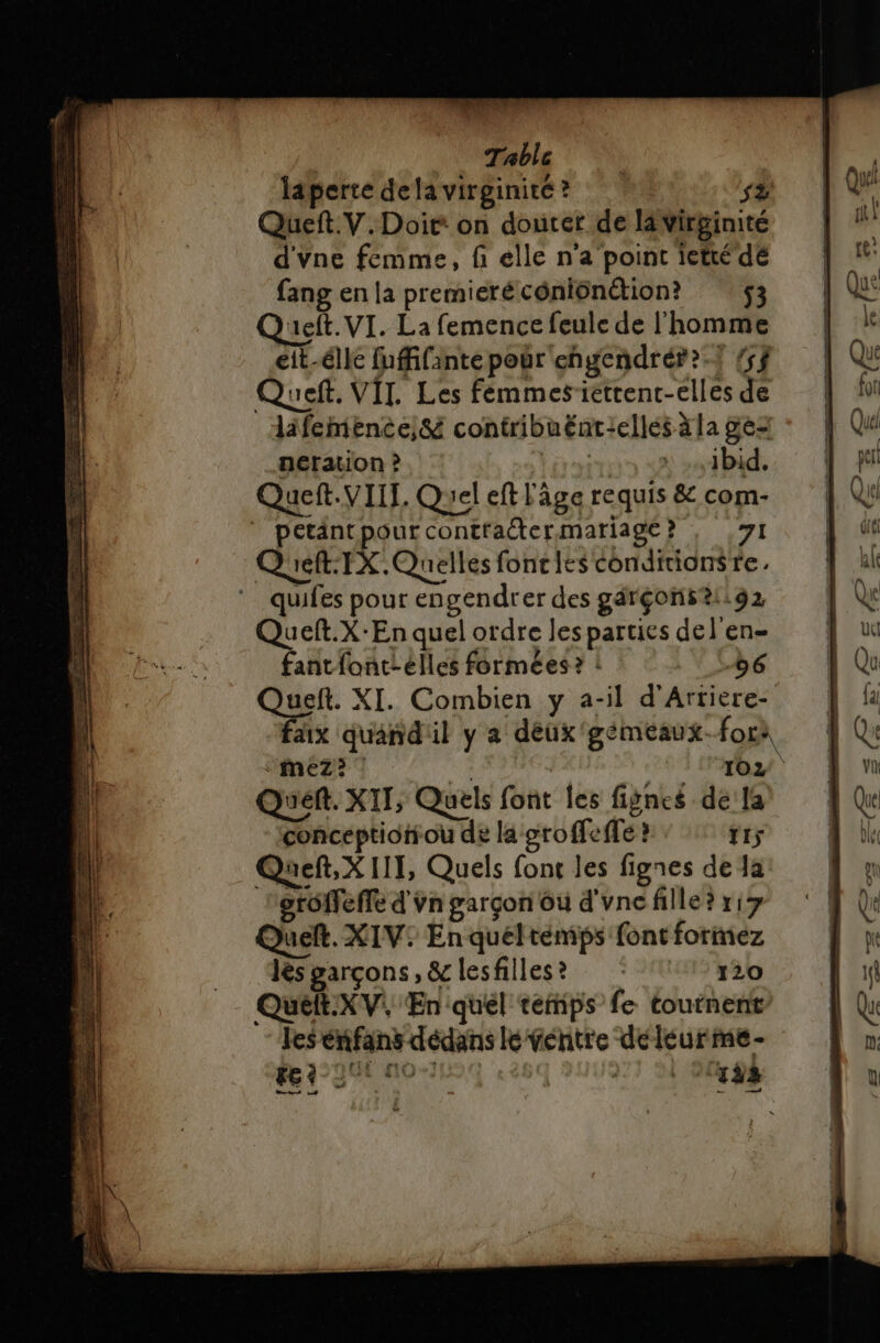 laperte de la virginité ? | s2 Queft.V.Doit on douter de lé virginité d'vne femme, fi elle n'a’point ietté dé fang en la premieré côniônétion? 1eft. VI. La femence feule de l'homme eit-élle fufifante pour 'ehgendrér?-{ (sf Queft. VIT. Les femmesiétrenc-elles de lifemence,&amp; contribuënr:ellés àla ges neraion ? Frairrs SA edit Queft.VIIT. Quel eft l'âge requis 8 com- * petäntpour contfater mariage ? 71 Queft:FX. Quelles foncies condirionsre. quifes pour engendrer des gärçon5®li92 Queft.X:En quel ordre les parties del en- fantfont-elles formées ? : 96 Queft. XI. Combien y a-il d'Arrière- fax quand'il y a déux'gémeaux for: MmeEz} “0 102. Quéft. XIT, Quels font les fignes dela conceptioniou de la groffeffe ? 40) Queft,X 111, Quels fons les fignes de 1a oroflefe d'vn garçon 6ù d'vne fille? ri Queft. XIV: En queltémps font formez les garçons, &amp;clesfilles? 120 Quélt.XV, En quel temps fe tournent les énfans dédans lé ventre déleurme- ge à que no | à. | 1748