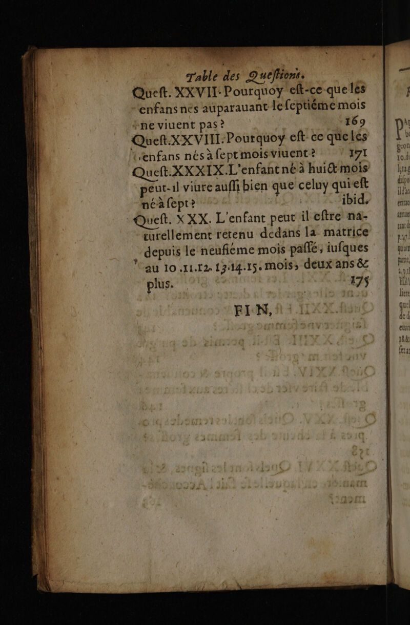 T'able des Queflions. Queft. XXVIL: Pourquoy eft-ce quelles enfans nés auparauant lefeptiérne mois fneviuent pas? +169 Queft.XX VII: Pourquoy eft ce queles | ‘enfans nés à feptmoisviuent? 171 Queft.XXX1IX.L'enfant néà hui&amp;æ mois eut-1l viute aufli bien que celuy quieft ncà {ept? LU CE ibid.