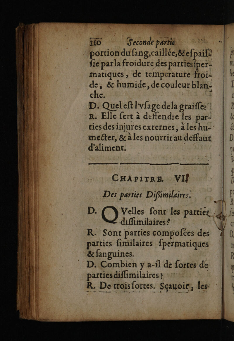 portion dufang,caillée,&amp;efpaif? fic parla froidurce des parties fper- de, &amp; humide, de couleur blan: che. | S D. Queleft l'vfage dela graifle: R. Elle fert à deffendre les par- mecter, &amp; à les nourrirau defaut d'aliment. ES CHAPITRE. VIF Des parties Difimilaires. diflimilaires ? R. Sont parties compofées des parties fimilaires fpermatiques &amp; fanguines. | D. Combien y a-il de fortes de partiesdiffimilaires ) R. Detroisfortes. Sçauoir!, les. ee