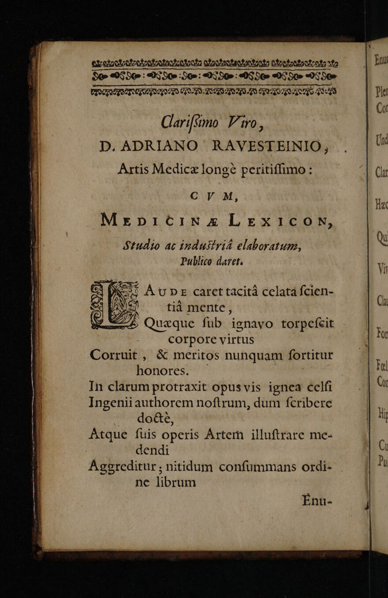  S» «e: e pe EX «X350» SX So- «boe DISGpRRRCT SUUS yaq 1019 32038 29 299.90 C0 40799 Ae q8 38 15 Glari[simo Fro, D. ADRIANO RAVESTEINIO, Artis Medica longe peritiffimo : CY M, Studio ac ἐπα ἐγ] elaboratum, Publico daret. JEN tià mente , e Quaque fub ignavo torpefeit corpore virtus Corruit , &amp; meritos nunquam fortitur honores. In clarum protraxit opusvis ignea celfi Ingenii authorem noftrum, dum fcribere CORE, Atque fuis operis Ártem illuftrare me- | dendi Aggreditur; nitidum confummans ordi- ne librum Énu- 