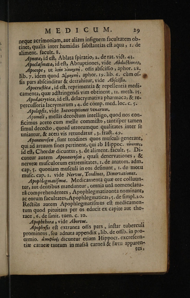 MM — — —           M EDILIG:.U M. 29 neque acrimoniam, aut aliam infignem facultatem ob- tinet; qualis inter humidas fubftantias eft aqua ; 1. de Apnoiay id eft, Ablata fpiratio, 2. de rat. vict. 45. Apoclafmata, id eft; Abruptiones, vide Abdutliones, PI , Ut ógr 2x97: , Oflis abíciffio ; aphor. 28. lib. 7. idem quod Δ] κοπὴν aphor. 19.lib. 6. cüm of- a fis pars abícinditur ἃς derrahitur, vide -4bfciffio. Apocruflica , id eft, reprimentia &amp; repellentia medi- camenta, quz adftringendi vim obtinent , 1r. meth. rs. Apodaerytica, id eft, delacrymativa pharmaca; &amp; re- percufforia lacrymarum , 4. de comp. med. loc. c. 5. Apolepfis, vide Interceptiones venarum, -Apomtli ; mellis decoctum intelligo, quod nos con- ficimus aceto cum melle commifto , tantifper tamen fimul deco&amp;o , quoad utrorumque qualitates inter fe uniantur, &amp; aceti vis retundatur , 3. fraét. 49. | Aponeurofen funt tendines quos muículi generant, qui ad artuum fines pertinent; qui ab Hippoc. sezes; id εἴ, Chorda dicuntur, 3. de aliment. facult. 5. Di- cuntur autem .Aponeurofcs , quafi denervationes ; &amp; nerveze mufculorum extremitates, 1. de anatom. adm. cap. τ. quoniam mufculi in eos definunt , 1. de motu Apophlegmatifmw. Medicamenta qua ore colluun- tur, aut dentibus manduntur , omnia unà nomenclatu- τὰ comprehendentes ; Apophlegmatizonta nominant; ac eorum facultates, Apophlegmaticas, s. de fimpl.2o. Re&amp;iüs autem .Apophlegmatifmus eft medicamen- tum quod pituitam per os educit ex capite aut tho. race , 6. de fanit. tuen. c. 1o. -Apophbtbora ; vide Abortiw. à Apopbyfis eft extranea offis pars ». inflar tuberculi prominens ,feu adnata appendix lib. de offib. in pro- cemio. ézeQémj; dicuntur etiam Hippocr. excrefcen- tid carneae tantum in maísáà carne &amp; fatu apparens [652 