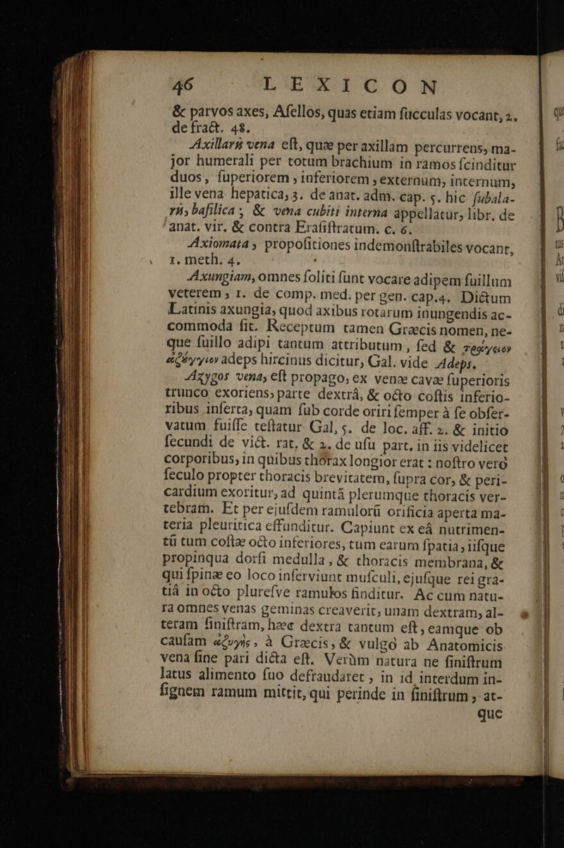             46 CL UE ΧΟ ΟΝ &amp; parvos axes, Afellos, quas etiam fücculas vocant, 2. de ífra&amp;t. 48. Axillars vena eft, quae per axillam percurrens, ma- jor humerali per totum brachium in ramos fcinditur duos, fuperiorem » inferiorem ; externum; internum, ille vena hepatica; 3. de anat. adm. cap. ς. hic fubala- vi;bafilica ; &amp; vena cubiti interna appellatur; libr. de anat. vir, &amp; contra Erafiflratum. c. δ. Axiomata , propofitiones indemonflrabiles vocant, 1. meth. 4. Axungiam, omnes foliti funt vocare adipem fuillum veterem ; r. dé comp. med. per gen. cap.4, Di&amp;um Latinis axungia, quod axibus rotarum inungendis ac- commoda fit. Receptum tamen Graecis nomen, ne- que fuillo adipi tantum attributum , fed &amp; zeyeo ἀῤφέγγιον adeps hircinus dicitur, Gal. vide Adeps. -Aaygos vena, eft propago; ex vence cavae fuperioris trunco exoriens;parte dextrá, &amp; octo coftis inferio- ribus inferta, quam füb corde oriri femper à fe obfer- vatum fuiífe teftatur. Gal, s. de loc. aff. 2. &amp; initio fecundi de vict. rat, &amp; 2. de ufu part. in iis videlicet corporibus; in quibus thórax longior erat : noftro vero feculo propter choracis brevitatem, fupra cor, &amp; peri- cardium exoritur,ad quintá plerumque thoracis ver- tebram. Et per ejufdem ramulorü orificia aperta ma- teria pleuritica effunditur. Capiunt ex eá nutrimen- τῇ tum coftae octo inferiores, tum earum fpatia; ufque propinqua dorfi medulla, &amp; thoracis membrana, &amp; qui fpina eo loco inferviunt mufculi, ejufque rei gra- tià in octo plurefve ramulos finditur. Ac cum natu- Ta ornnes venas geminas creaverit; unam dextram, al- teram finiftram, heec dextra tantum eft; eamque ob caufam «cvyis, à Grecis, &amp; vulgó ab Anatomicis vena fine pari dicta eft. Verüm natura ne finiftrum latus alimento fuo defraudaret , in id interdum in- figaem ramum mittit, qui perinde in finiftrum » at- quc  EE Eomae iai dirti ᾿ co τ -- — —€———— —————Ó——  