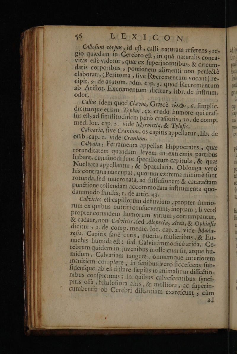            só B ÉrrXoT1CCOTN Callofum córpn , id eft , calli. naturam referens j16- gio quadam 1n. Cerebro eff, in quá naturalis conca: vitas effe videtur ; qua ex fuperjacentibus; ἃς circum- datis corporibus ; portionem alimenti non perfe&amp;é elaborati; (Peritoma , five Recrementum vocant) re- cipit. 9. de anatom. adm. Cap. 3. quod IRecrementum ab Arfltot. Excrementum dicitur libr. de inflrum. odor. T Calu idem quod Clavis, Graeca 7 O- , 6, fimplic. diciturque etiam Topbus , ex. crudo. humore qui.craf- fus efl; ad fimilitudiriem puris craffioris ; 1o. de comp. med. loc. cap.2. vide Myrmecia, &amp; Tylofis. Calvaria, five Cranium, os capitis appellatur , lib; de offib.cap. 1. vide Cranium. Calvata , Ferramenra appellat: Hippocrates. ,- quae rotunditatem quandam. levem in extremis: partibus habent, cujuímodi funt fpecillorum capitula , &amp; quae Nucléata appellantur , &amp; Spatularia. Oblonga: vera his contraria nuncupat , quorum extrema minime funt rotunda,fed mucronata, ad füffufionem &amp; cataractam puncione tollendam accommodata infitumenta quo- dammodo fimilia, r. de artic. 43. Calvitics cftcapillorüm defiuvium , propter hurmio- rum ex quibus nutriri confueverunt, inopiam ; fi verg proptereorundem humorum vitium; corrumpantur, &amp; cadant, non Calviiies , (ed Alopecia, Zrea,&amp; Opbhiafis Yofis, Capitis fané cutis , pueris., mulieribus ,,&amp; Eu- nuchis humida eft: fed. Calvisimmodice arida, .Ce- rebrum quidem in juvenibus molle cum-fit, atque hu- midum, Calvariam tangere , omnemque interiorem inanitiem coroplere ; in fenibus vero ficcefcens: füb- fidenfque. ab ei diftare faepius in animalium diffe&amp;io- nibus confpicimus : in quibus calvefcentibus: fynci- pitis offa ; fiftulofiora aliis , &amp; molliora , ac fuperin- cumbentia ob Cerebri diflantiam exarefcunt j cim ad 