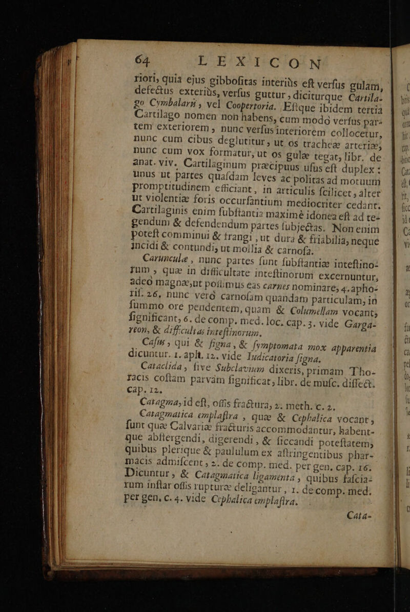    — ^                   64. L EX DPCOCiotw riori, quia ejus gibbofitas interiüs eft verfus gulam, defectus exteriüs, verfus guttur; diciturque Cariila- go Cymbalarsi , vel Coopertoria. Ef:que ibidem tertia Carulago nomen non habens, cum modg verfus par» tem exteriorem , nunc verfüsinteriorem collocetur, nunc cum cibus deglutitur ; ut os trachea: arteriae; nunc cum vox formatur, ut os gula tegat, libr. de anat. viv. Cartilaginum praecipuus ufus eft duplex : unus ut partes quafdam leves ac politas ad motuum prompttudinem efficiant, in articulis fcilicet , alter ut violentiz foris occurfantium mediocriter cedant. Cartilaginis enim fubfiantia maxime idonea eft ad το: gendum &amp; defendendum partes fubjectas. Nonenim poteft comminui &amp; trangi , ut dura &amp; friabilia; neque incidi &amp; contundi, ut mollia &amp; carnofa. Caruncule , nunc partes funt fübflantize inteftino- Tum » qua in difficultate inteftinorum excernuntur, adeo magnae;nt pofümus eas carges nominare; 4, apho- rif. 26, nunc νει carnofam quandam particulam, in fummo ore peudentem, quam &amp; Columellam vocant; fignificant, 6. de comp. med. loc. Càp.3. vide Garga- 7€on, ὃς dif:cultas inte 'flinorum. Caf , qui &amp; figna, &amp; fymptomata mox Apparentia dicuntur. 1. aplt. 12. vide IuZicatoria figna. Cataclida, five Subclavium dixeris, primam Tho. Taxis coftam parvam fignificat, libr. de mufc. diffe&amp;. Cap. 12. Catagmay1d eft, offis fra&amp;ura, 2. meth. c. 2. Catagmatica emplaflra , qua &amp; Cephalica VOC2ADt ; funt qua Calvariae fra&amp;uris accommodantur, habent- que abftergendi, digerendi , &amp; (iccandi poteftatem; quibus plerique &amp; paululum ex aftringentibus phar- Ipàcis admifcent ; 2. de comp. med. per gen. cap. 16. Dicuntur , &amp; Catagimatica ligaminta quibus fafcia- per gen, c. 4. vide Crphalica enplaftra. Cata- 