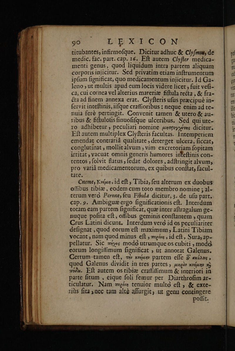 n————— 0 τοῦς “τσ Ὁ ΕΓ ΧΟΥ ΟἿΟΝ titubantes, infirmofque.. Dicitur adhuc & Clyfmm; de medic. fac. part. cap. 16. Eft autem Clyfler medica- menti genus, quod liquidum intra partem aliquam corporisinjicitur. Sed privatim etiam inftrumentum ipfum fignificat, quo medicamentum injicitur. Id Ga- eno ; ut multis apud eum locis videre licet fuit vefi- C, cui cornea vel alterius materiae fiftula re&ta , & fra- é&a ad finem annexa erat. Clyfteris ufus praecipue in- fervic inteftinis, i1fque craffioribus : neque enim ad te- nuia feré pertingit. Convenit tamen & utero & au- ribus ὃς fiftulotisfinuofifque ulceribus. Sed qui ute- ro adhibetur , peculiari nomine βητρεγχύτης dicitur. ἘΠῚ autem multiplex Clyfteris facultas. Intemperiem emendat contrarià qualitate deterget ulcera, ficcat; conglutinat ; mollit alvum ; vim excretoriam fopitam irritat ; vacuat omnis generis humores irteftinis con- tentos ; folvit flatus; fedat dolores , adftringit alvum; pro variá medicamentorum, ex quibus conftat; facul- tate. Cnemt, κνήμη» Yd eft ; Tibia, feu alterum ex duobus offibus tibias, eodem cum toto membro nomine ; al- terum vera. Perone; feu. Fibula dicitur, 3. de ufu part. cap.9. Ambiguae ergo fignificationis eft. Interdum totam eam partem figüificat, quae inter aftragalum ge- Crus Latini dicunt. Interdum vero id os peculiariter defignat , quod eorum eft maximum ; Latini Tibiam vocant , nam quod minus eft » περόνη, id eft, Sura, ap- pellatur. Sic πήχυς todo utrumque os cubiti , moda eorum longiffimum fignificat ; ut annotat Galenus. Certum-tamen eft, τὴν xw» partem elfe ξ΄ σκέλες , quod Galenus dividit in tres partes; μηρὸν κνήρεην τὼ x». ἘΠῚ autem ostibiae craffiffimum & interiori in parte fitum , eique foli femur per. Diarthrofim ar- ticulatur. Nam περόνη tenuior multo eft ; & exte- τὰς fita nec tam alté affurgit; ut genu contingere poffit.
