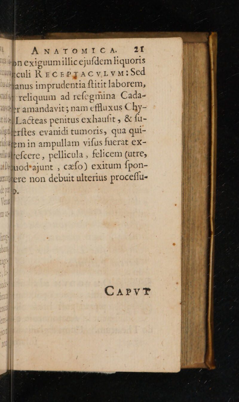 | ANATOMICA 2f dn exiguumillicejufdem liquoris /icui RECEPIT ACvrLvM:Sed Alanus imprudentia ftitit laborem, Jj reliquum ad refegmina Cada- Mer amandavit; nam effluxus C hy- in Lacteas penitus exhaufit , &amp; fu- dbrftes evanidi tumoris, qua qui- ilem in ampullatm vifus fuerat ex- lüMfefcere , pellicula ; felicem (utre, ldhod*ajunt , cafo) exitum fpon- lere non debuit ulterius proceffu- h v.