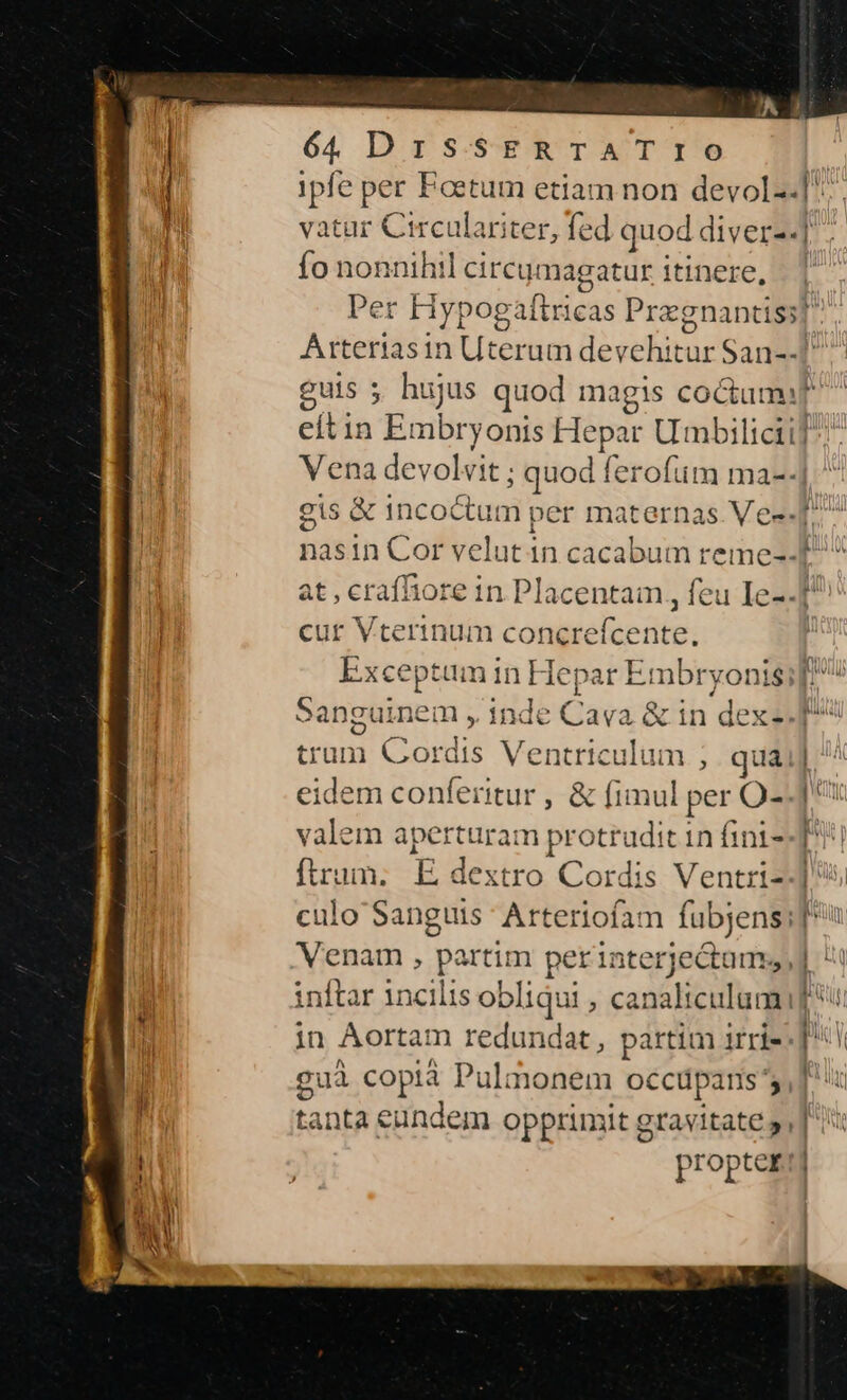 ipfe per Faetum etiam non devol--]* | vatur Circulariter, fed quod diver--] Ufa fo nonnihil circu: magatur itinere, |. | ! er Hypogaftricas Pragnantiss? Á ket tasin Uterum devehitur San--1^ guis 5 hujus quod magis coctum eit in Embryonis Hepar Umbiliciif Vena devolvit : ; quod ferofum ma--«j gis &amp; 1ncoctum per maternas. Ve- nasin Cor velut4n cacabum reme-- Es | at , crafliore 1n Placentam , feu Ie-. [P l cur Vterinum concrefcente. | Lxceptt uninHeparEn nbry nisus Sapistinem ,inde Cava &amp; in dexill P trum Cordis Ventriculum ; qua; eidem conferitur , &amp; fimul per Q-. valem apertura: hsc ini- ftrum. E dextro Cordis Ventri- culo Sanguis: Arteriofam fubjens;] Venam , pa artim perinterjectams,] inftar incilis obl: iqui , canalticulumi] ! in Aortam redundat, partim irrie t 1 H gua copià Pulamonem occüparis 5, M tanta eundem opprimit gravitate 5, pr optcr