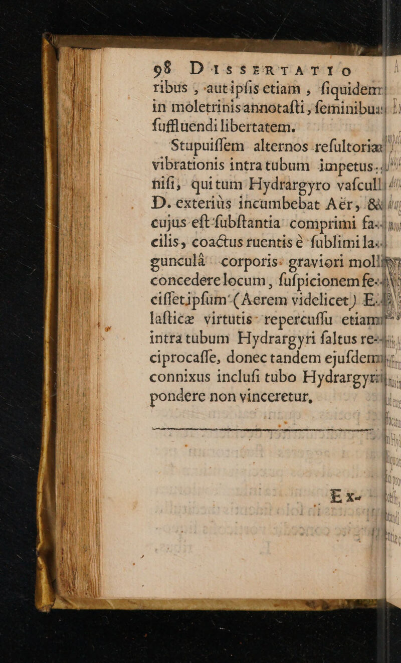 o8 DitissrmTATIO ribus , autipfis etiam , m in móletrinisannotafli , feminibus // PIU fuffluendi libertatem. | tM Stupuiffem alternos refultarioan | EIE vibrationis intratubum impetus. hifi; qui tum Hydrargyro vafcullj/ D. exterius 1ncumbebat Aér, aH ihi cujus-eft fubftantia comprimi fa«4 cilis, coactus ruentis à fublimi la. gunculà corporis graviori molis concedere locum, fufpicionem fe«JV: uM ciffecipfum: (Acrem videlicet) EJ: JE lafice virtutis: repercuffu etiam! intratubum Hydrargyri faltus res4j; ciprocafle, donec tandem ejufdenz).c. connixus inclufi tubo Hydrargynt; pondere non vinceretur, tat nd