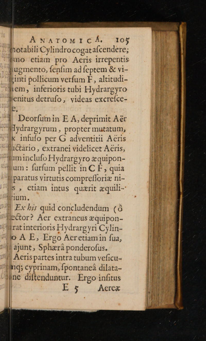 ihotabili Cylindro cogatafcendere; lino etiam pro Aeris irrepentis flugmento, fenfim ad feptem &amp; vi- ; unti pollicum verfum E , altitudi- Jem, inferiotis tubi Hydrargyro Penitus detrufo, videas excreífce- E. (4 Deorfumin E A, deprimit Aér WMydr argyrum , propter mutatum, Ik infufo per G adventitii Acris factario , extranei videlicet Aeris, Wumtinclufo Hyc drargyro &amp;quipon- Wlum: furfum. pelli it In C F , quia paratus virtutis comprefloriz ni- Ss , etiam intus quzrit aquili- q?'ium. Ex bis quid concludendum (6 jector? Aer extraneus &amp;quipon- Iratinterioris Hydrargyri Cylin- lo A E, Ergo Aeretiamin fua, | ajunt , Spha-rá ponderofus. | Aeris partes intra tubum veficu- nq; cyprinam, fpontaneà dilata- ine diftenduntur. Ergo infitus E 5 Aere