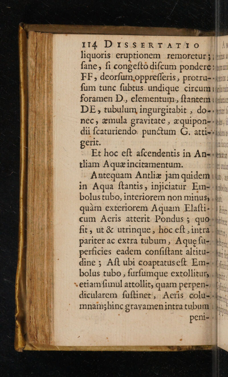 I4 DxssrRTATIO liquoris eruptionem remoretur Ji: fane, fi congelto difcum pondere :ja:: FF, deorfum;jppreflferis, protra- 4t. fum tunc fubtus. undique circum ifi foramen D., elementum, ftantem uir: DE , tubulum ingurgitabit , dos yi nec, amula gravitate , zquipon- «disi dii fÍcaturiendo: punctum GC. attis: erit. T Et hoc eft afcendentis in Ane tliam Aqua incitamentum. bun Antequam Antliz Jam quidem iji; in Aqua ftantis, injiciatur. Eme Jj. bolus tubo, interiorem non minus, de quàm exteriorem Aquam Elafti-.] is. cum Aeris atterit. Pondus 5 quo^. fit , ut &amp; utrinque, hoc eft intra V. pariter ac extra tubum ,' Aquefus: d. perficies eadem confiftant altitu- d. ; dine ; Aft ubi coaptatuseft. Ems... bolus tabo , furfumque extolliturs d... etiam finul attollit, quam perpens: dicularem fuftinet, Aeris colu- d... mnain;hinc gravamenintra tubum :] peni- | |