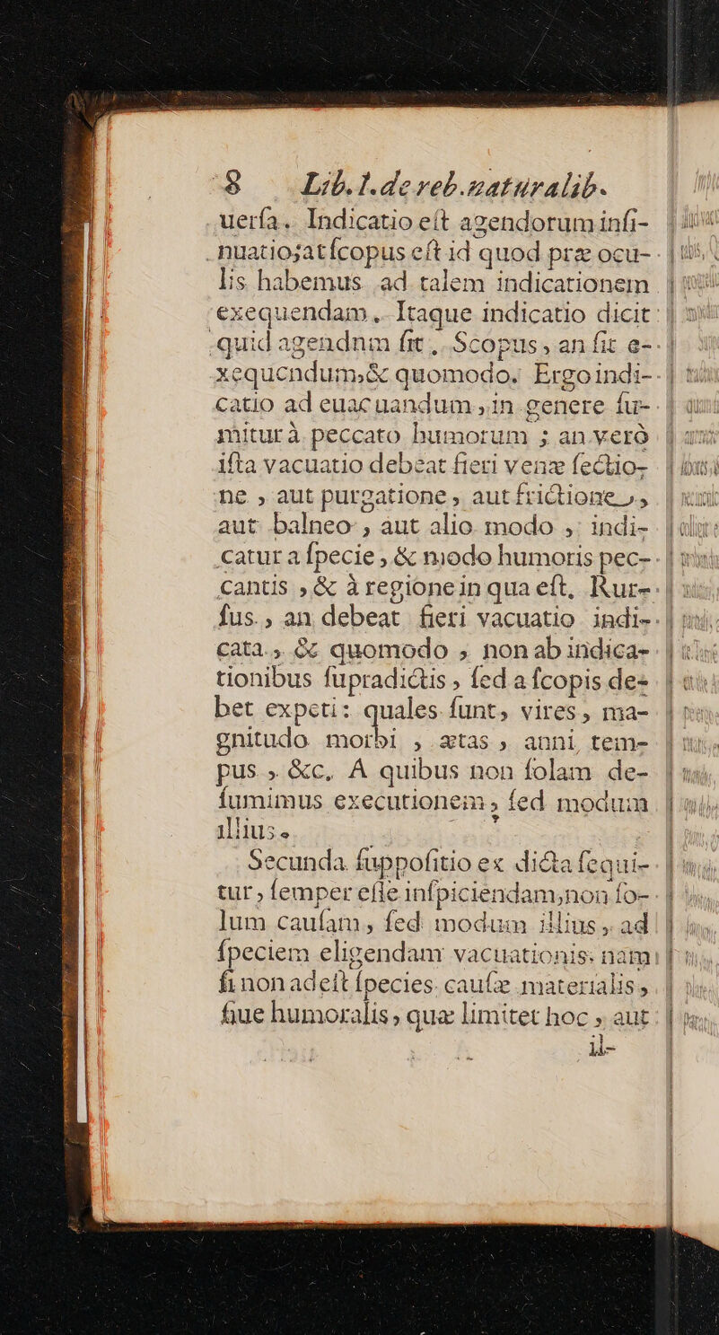 uería. Indicatio eít agendoruminfi- nuatiojatícopus eft id quod prz ocu- lis habemus. ad talem indicationem .quid agendnm fit ,.. Scopus , an fit e- xequendum;&amp; quomodo. Ergoindi- catio ad euac uandum , in. genere fu- miturà peccato humorum ; an.veró ifta vacuatio debeat fieri venz fectio- ne , aut purgatione , aut fridtione » , aut balneo, àut alio. modo ,: indi- catur a fpecie , &amp; niodo humoris pec- Cantis , &amp; à regionein qua eft, Rur- tionibus fupradictis ; fed a fcopis de- bet expeti: quales funt, vires, ma- gnitudo morbi , atas , anni, tem- pus.» &amp;c. A quibus non folam de- fumimus executionem fed modum alius. QUE : Secunda fuppofitio ex di&amp;a fequi- ]um caufam, fed. modum illius , ad fi non adett Ípecies. caule materialis; fiue humoralis ; qua limitet hoc » aut :] l-