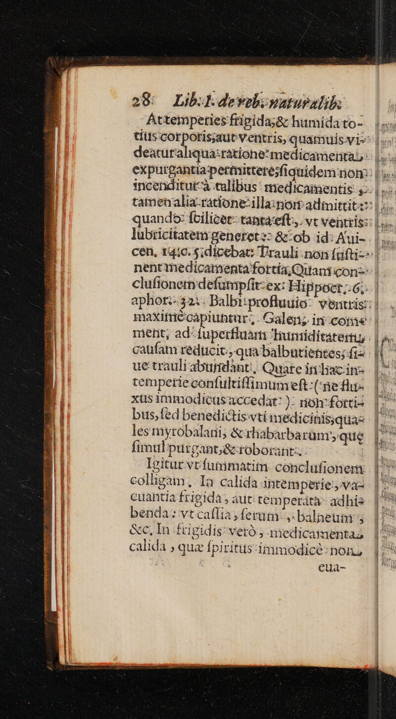 W ui [: 28: Libo. devabesatusalib: — Attempeties fripida;8: humidato- ment, ad- fuperfluam Tiumiditaterti, caufam reducit., qua balbutientes; fi- ue trauli aburidànt... Quare iriTiac in- temperie confultiffimum eft: ne flu- xtüs immodicusaccedat: ): iom forti bus,fed benedictis:vtiin ediciaisquas les myrobalarii; &amp;atiabarba rümque fimul purgant;&amp; roborant-.. : Igitur vcfutimatim conclufionem: colligam, Ia calida itemperie;, va- cuantia frigida , aut tem petátà- adhis benda: vt caffia ferum, balneum s &amp;c, In frigidis: vetó ;-medicamentas calida , qua fpiritus:immodicé: noi, (5 ^ eua-