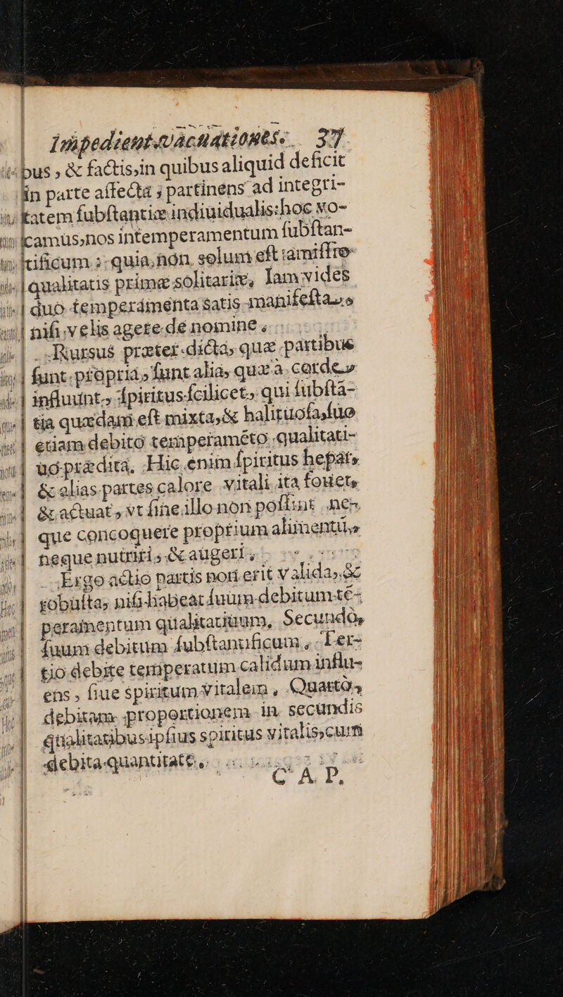 1 1! i 1 vpedietpt UACHAELOMUS.. 33. ibus , &amp; factis;in quibus aliquid deficit lin parte affecta 5 partinens ad integti- y Katem fubftantice indiuidualis:hoc «o- Icamüsnos intemperamenturm fubftan- »[ificum ;- quia. hon selum eft amiffre. «qualitatis prime solitariv, lam ides I4 a i «| funt p£opria» fant alie» quzà.cerde» etiam debito teznperaméto qualitau- | &amp; actuat, vt fineillo non pofizut e ue concoquere prop£ium alimentis neque nutriri ; augeri, rette - .-Exgo actio partis nor erit validas&amp; fuum debitum Áubftanuficum , Ler- ehs , fiue $ piritum vitalein , Quarto, debitam. propertionem in secündis dtialitasibusipfius spiritus yitalis;cumi debita quantitat&amp;, s vou pU C A. D,