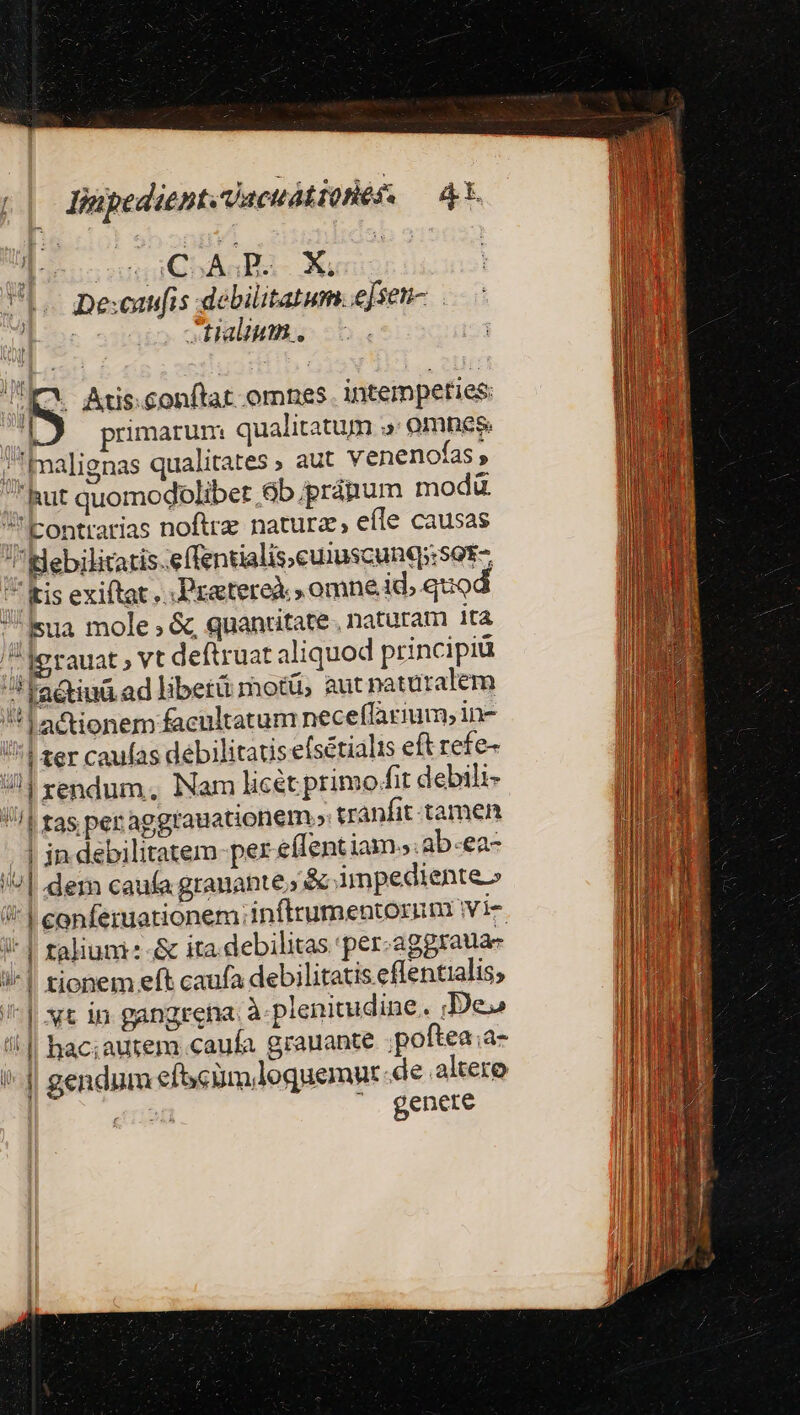 (| Bupedientedaeuátioniéss — 4t deososucoAJB. X VUL. neaufis debilitatum.e]sen- b ^ * tialium . D Arisconftat omnes. intem peties: 1D primarum qualitatum » omnes /!Imalignas qualitates » aut venenofas , Rut quomodolibet b ippránum modu 'Eontrarias noftra natura, eíle causas | ebilitatis.effentialis.cu1uscunqi:set- '* tis exiftat ...Pratereà.» omne.id» quod 'Kua mole , &amp;, quantitate. naturam ita ^ Igrauat » vt deftruat aliquod principi ^ Ta&amp;inü ad liber motü, aut paturalem I a&amp;ionem facultatum neceffarmum, in- ^| ter caufas debilitatis efsétialis eft refe- Jl rendum, Nam licet primo.fit debili- V'/| tas per aggrauationem»: tranfit. tamen . | jn debilitatem-per eflent iam; ab-ea- !';| dem caufa grauante &amp; impediente» !*| conferuationem infttumentozum i i-| talium :-&amp; ita debilitas per-aggrauae i-] zionem eft caufa debilitatis eflentialis, | '^| xt in gangrena. à-plenitudine. «De» MI !!|| hac;autem caufa grauante .poftea;a- J ^4 gendum efbcümequemur.de altero l «rin genete *—