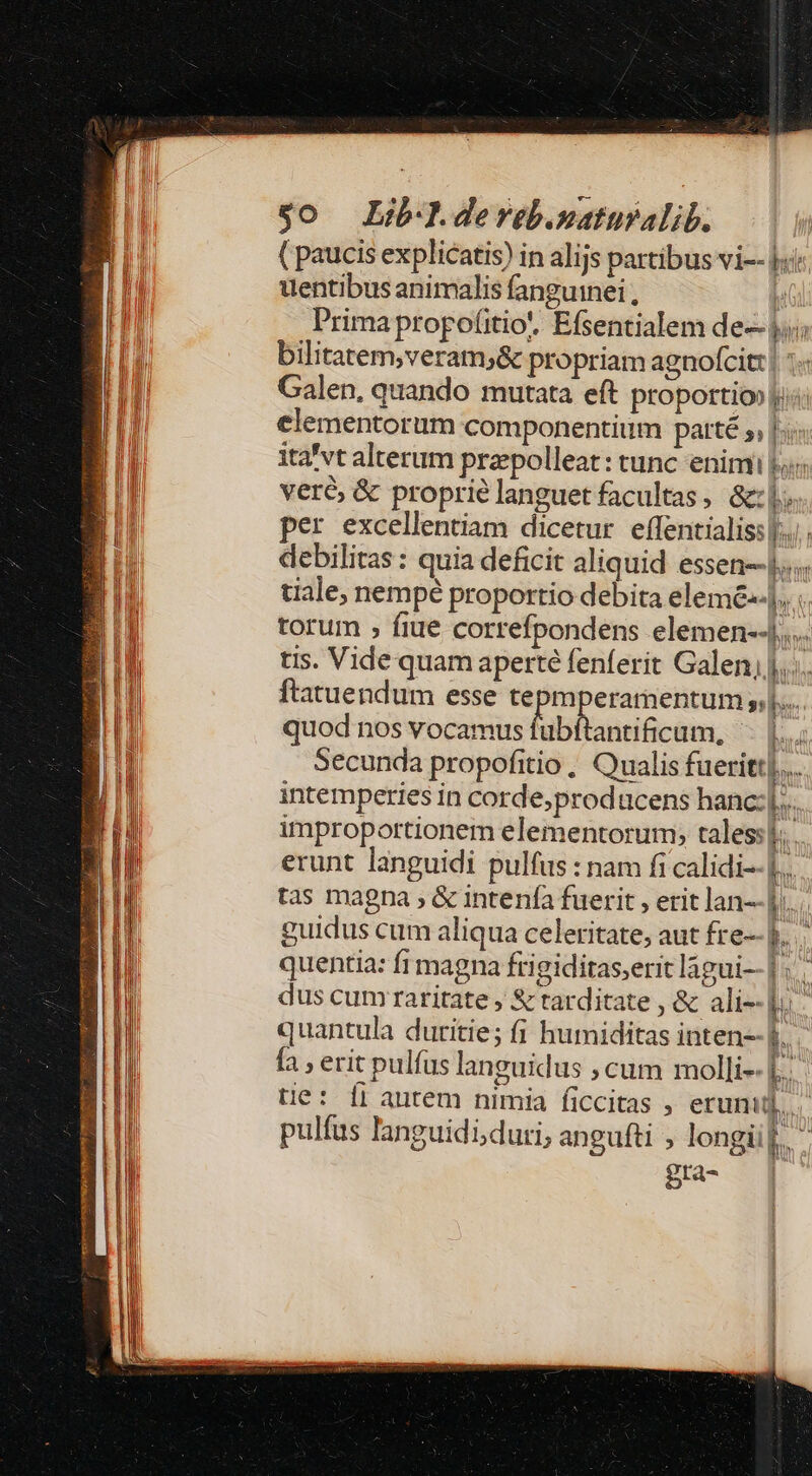 $o Lib-.dereb.naturalib. ( paucis explicatis) in alijs partibus vi-- ji uentibus animalis fanguinei , , Prima propof(itio'. Efsentialem de- |; bilitatem;veram;&amp; propriam agnofcit: | *.- Galen, quando mutata eft proportio»: elementorum componentium parté 5, |... ita'vt alterum przpolleat: tunc enimi ls; verc, &amp; proprie languet facultas &amp;: |.» per excellentiam dicetur effentialis: |... debilitas: quia deficit aliquid essen--1... tiale, nempé proportio debita elemé--],. torum , fiue correfpondens elemen--].... tis. Vide quam aperté fenferit Galen, |... ftatuendum esse tepmperamentum s|.... quod nos vocamus fubftantificum, '- |... Secunda propofitio ; Qualis fueritt|... tie: 11 autem nimia ficcitas , erunij. M t gta-