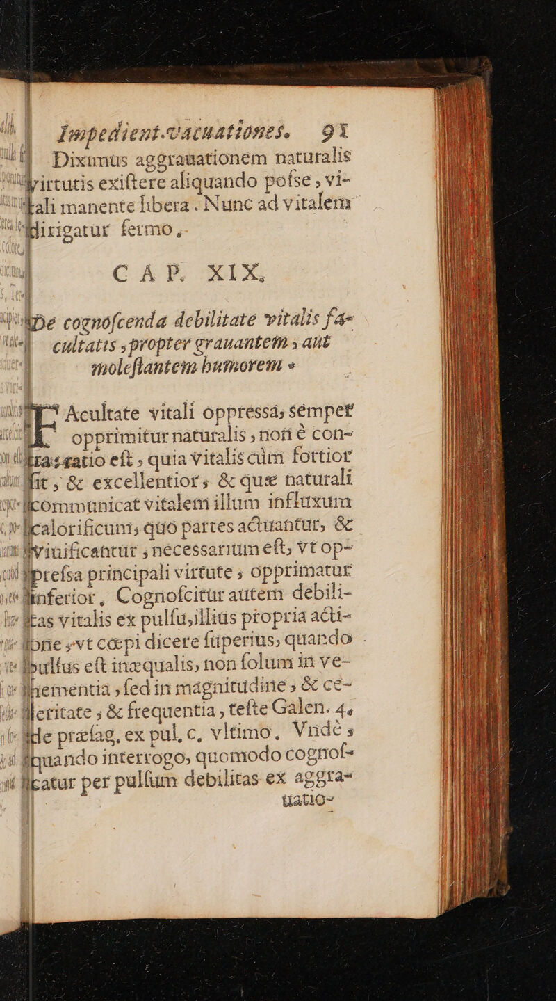 Impedient.-vatuattones, — 9X ^W Diximus aggragationem naturalis Ullirirtutis exiftere aliquando pofse ; vi- 3l'ali manente libera . Nunc ad v italenm Hirigatur fermo, C A&amp;T* JIxX W5e cognofcenda debilitate vitalis fa U^ — eultatts propter grauantem s aut moleflantem bumorem » ! Acultate vitali oppressa; sémpet UMÁ opprimitur naturalis ,nofié con- ! Eras gatio eft ; quia vitaliscum fottior fit, &amp; excellentior, &amp; quse naturali 3X communicat vitalem illum inflaxum .JBicalorificums quo parces actuantur, &amp; !Bviuificantur ;nécessarium eft vt op- il fiprefsa principali virtute ; opprimatur ylMnferior, Cognofcitur autem debili- i» Éas vitalis ex pulfu,illius propria acu- : lone »vt caepi dicere fuperius, quando - t llpulfas eft inz qualis, non folum 1n ve- ' laementia ;fed in magnitudine , &amp; ce- (i Meritate ; &amp; frequentia tefte Galen. 4, | Bie praefag, ex pul, c. vitimo. Viidé s v3* (i Biquando interrogo, quomodo cognof- i llcatur per pullum debilitas ex aggra uatio-