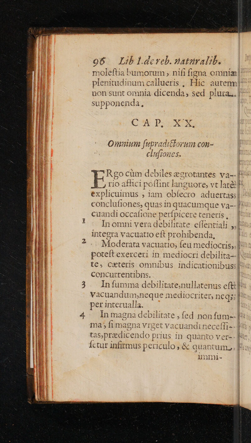 o6 Libldcrveb.satmralib. moleftia bumor um, nifi figna omnta] plenitudinum callueris , Hic aute mU pon sunt omnia di icenda » Sed p uta] supponenda, m Ma Omnium fupradittorum COn- clufiones. [ ocüm debiles egrotantes. va-- fi EZ rio affic i poflint languore, vt lace f explicuimus ; iam obíecro aduertas;| ^ conclufiones, quas in he lacumque va--[ cuandi occafione perfpicere tenetis, | In omni vera d ebilitate esas »I* integra vacuatio eft prohibenda Moderata vacuatio; feu m lediocris, poteft exerceri in mediocri | debi lita-- IN: te, ceteris omnibus. indicationibuss Iia Cconcurrentibns, (ryurain Mr diti efttpà vacuandum;neque mediocriter, neqs; p per interualla. | In magna debilitate , visd nonfum- ma; fi magna viget vacuandi neceffi- tas,przdicend o prius i In quanto ver-- f Íctur infirmus periculo, &amp; juantum., Pu jnmi-