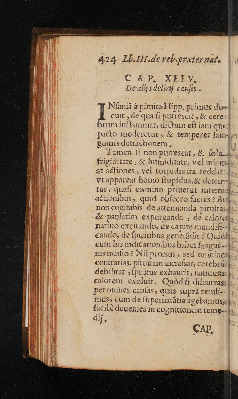 C AP. XEILV. De als s delirij canis . ; Nfanii 3 pituita Hipp. primus dow| Í uit , de qua fi putre SCit , &amp; cere: brum in£lawroat, dictum eft iam daa pacto tederetur ; &amp; temperez fan] guinis detracbionem, a Tamen íi non putreseat , &amp; (ola... frigiditate ;.&amp; bumidita te, vel minum. at actiones i, vel torp: 9h iS E vtappareat homo ftupidus, tus; quafi eimnino pri uet E nter acüonibus, quid obfecro cie noncogitabis de attenuanda t &amp;: paulatim AD d , de patiuo excitando, de ca cando, de fpiritibus g gene cum his indicat;onibus hib jue T nis misfto ? Nil prorsus , ur omnincol. inue 15: pitt itam incraf. sat PME 2 ] 3 ü tedaat: «Kv. e 2 i AL oov. db: [99] Ben xoi. e difo ürrass l: pet omnes caufas, quas suprà retuli-- |; mus, cum de fupernatátia agebamuss].. facilé deuenies in cognitione reme-- Ó di ] M CAD,